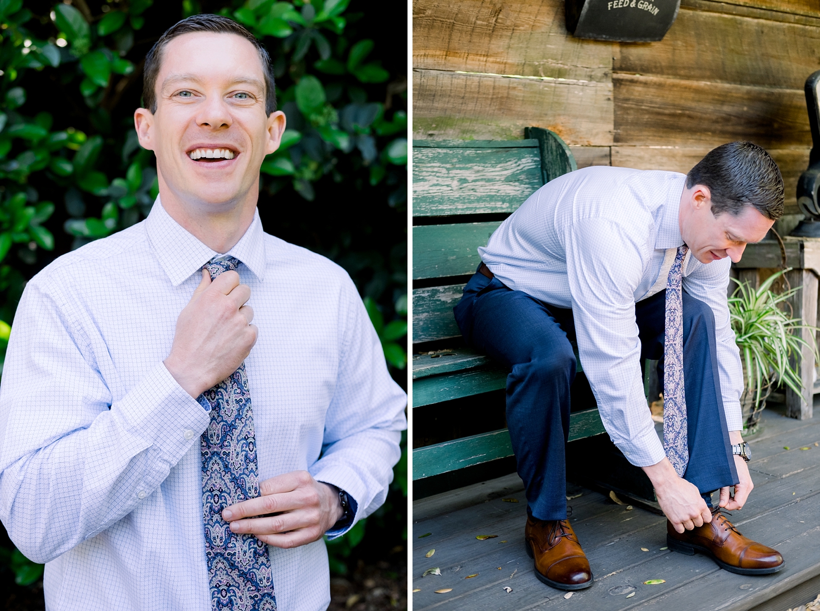 Groom adjusts his necktie and shoe laces in two photos before his wedding ceremony at cross creek ranch 