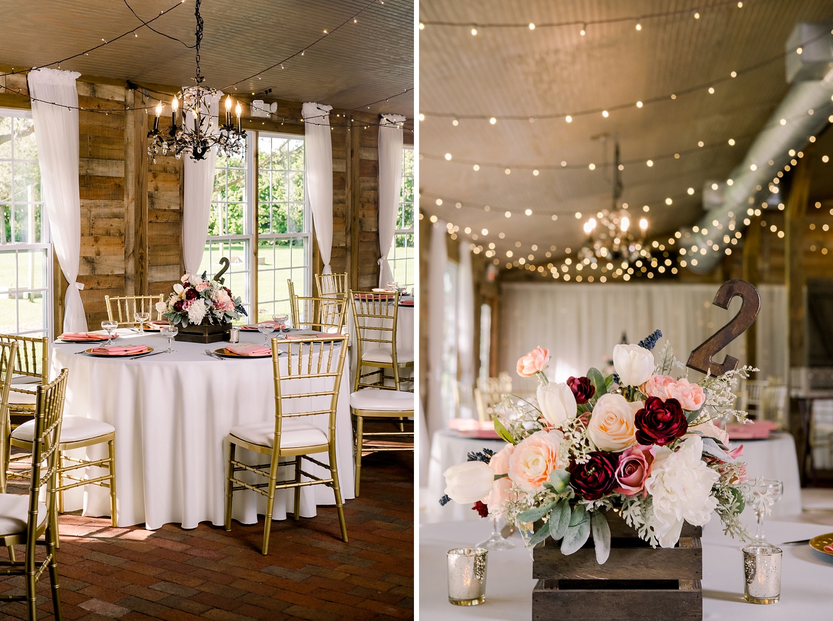 The reception barn at Cross Creek Ranch on the wedding day filled with lights and flowers