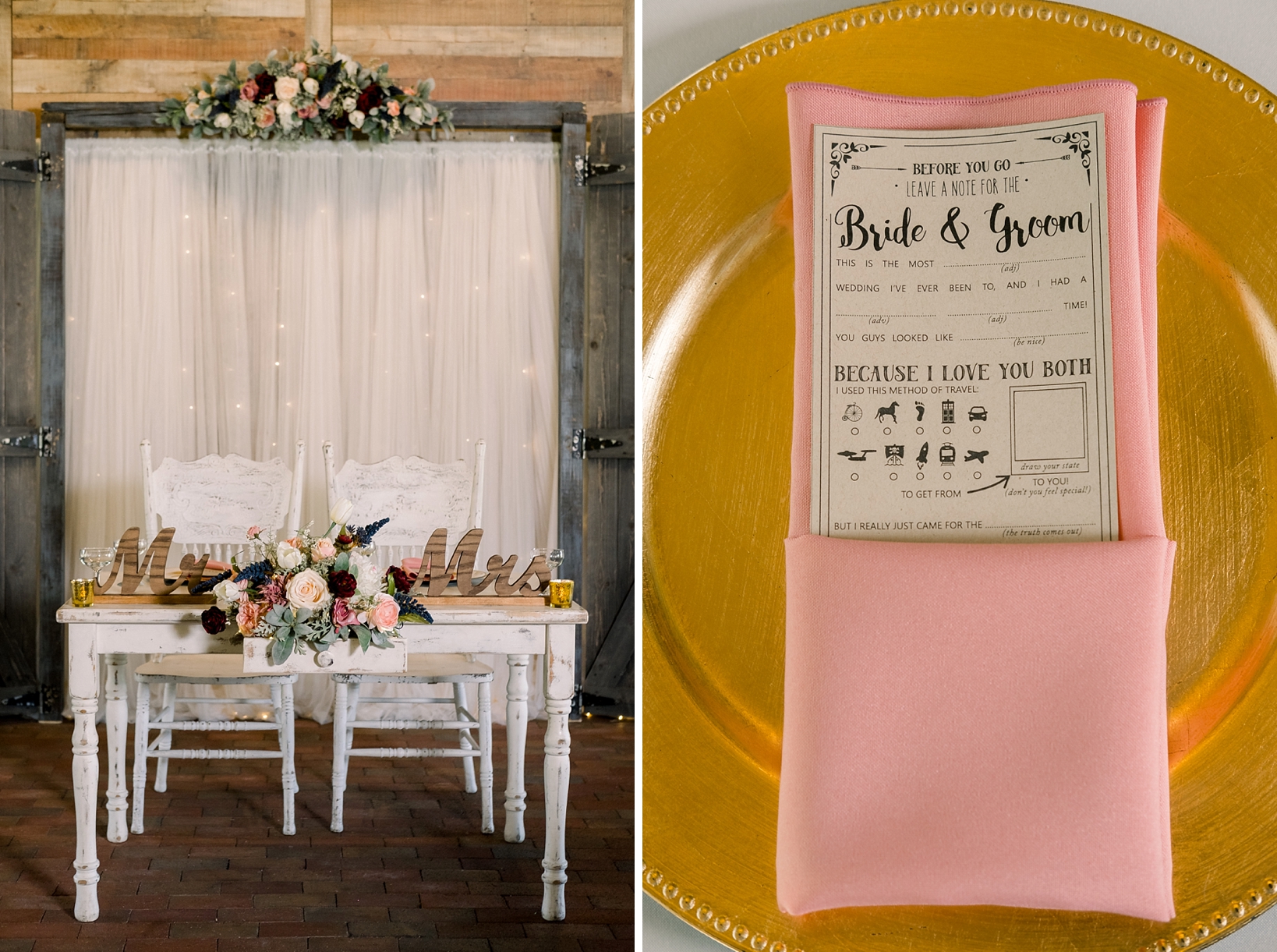 The head table during the reception and a dinner menu tucked into the pink napkin