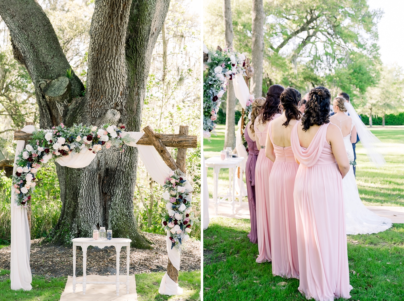 The wedding arch made of rough wood and drapery and the bridesmaids dresses in different shades of colors