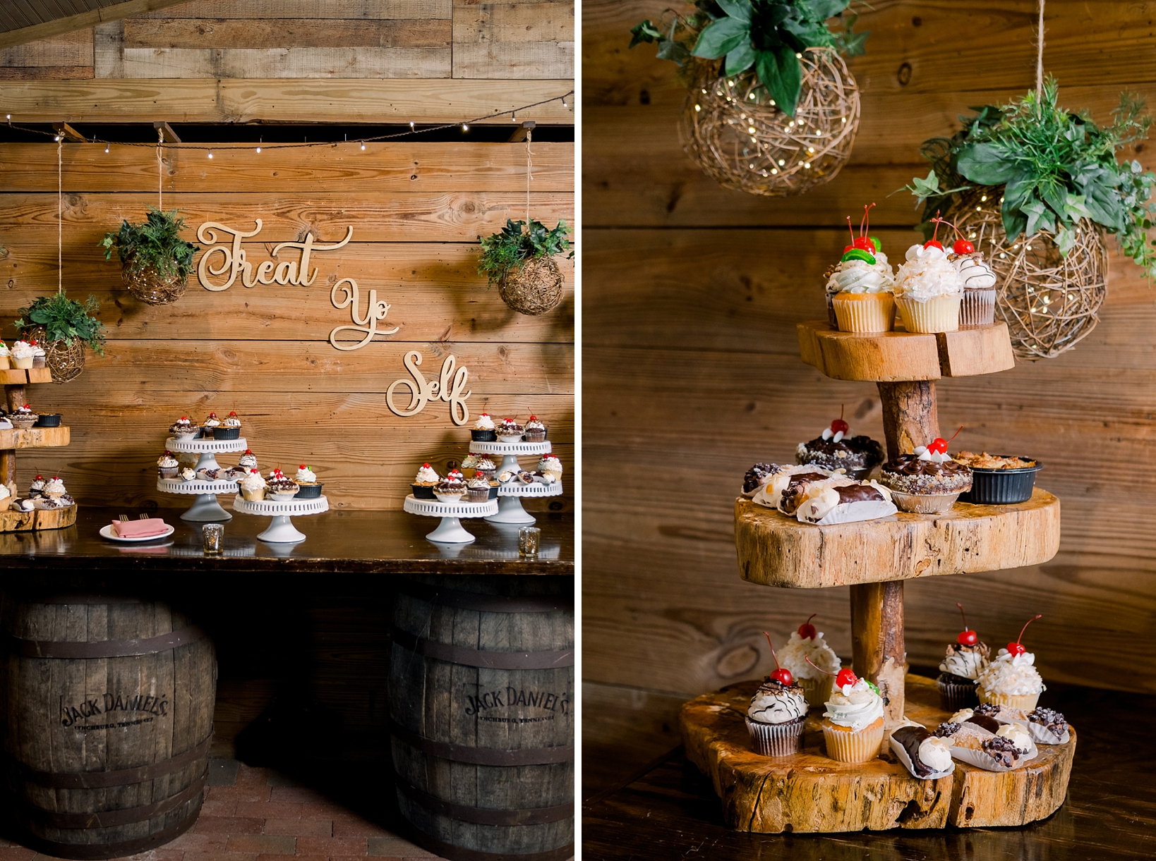 The dessert table in the barn of Cross Creek Ranch filled with sweets and cake in all sizes