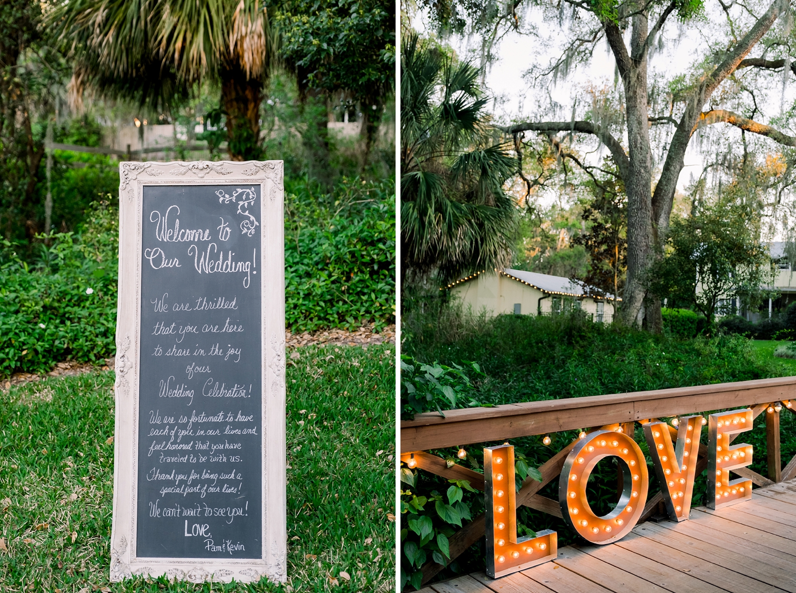 Ceremony signs for the wedding and a light up sign that says "Love"
