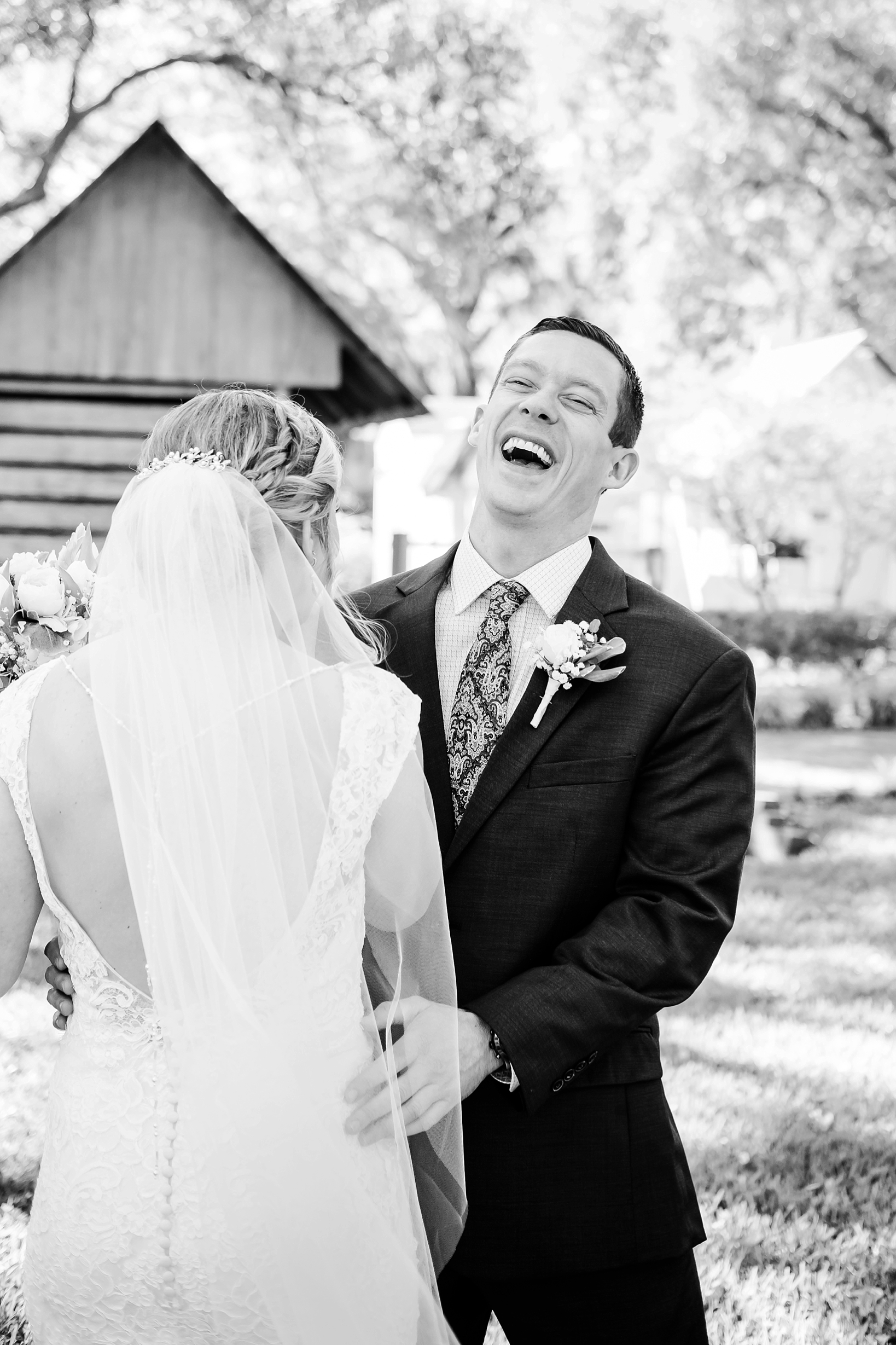 Groom laughs as he sees his Bride for the first time in Rural Tampa, FL