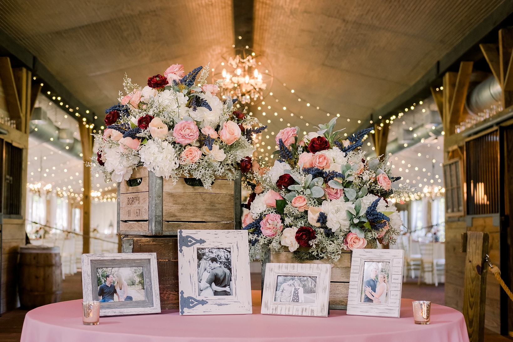 The welcome tale inside the barn at Cross Creek Ranch filled with engagement photos by Sarah and Ben