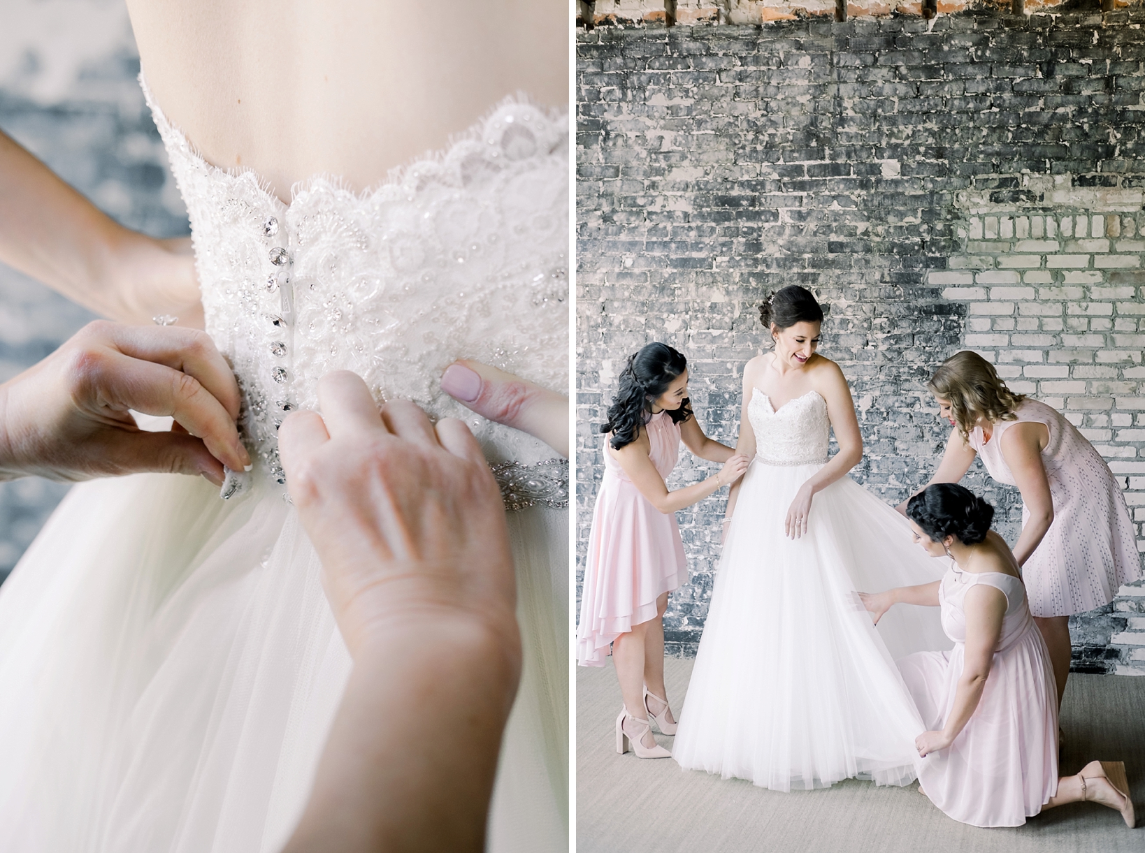 Bride getting into her dress with the help of her Bridesmaids before her oxford exchange wedding day