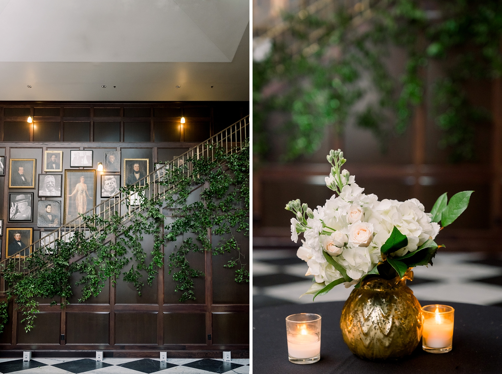 oxford exchange wedding day filled with greenery and simple floral centerpieces