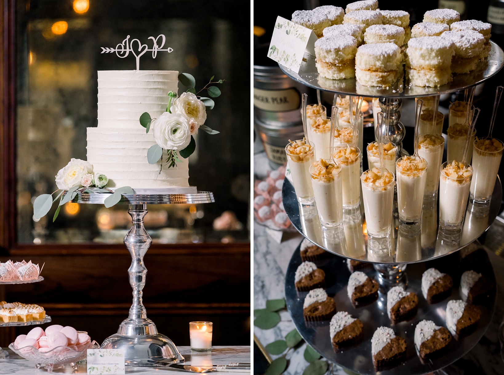 Wedding cake with assorted sweet treats for the guests to eat during this oxford exchange wedding day