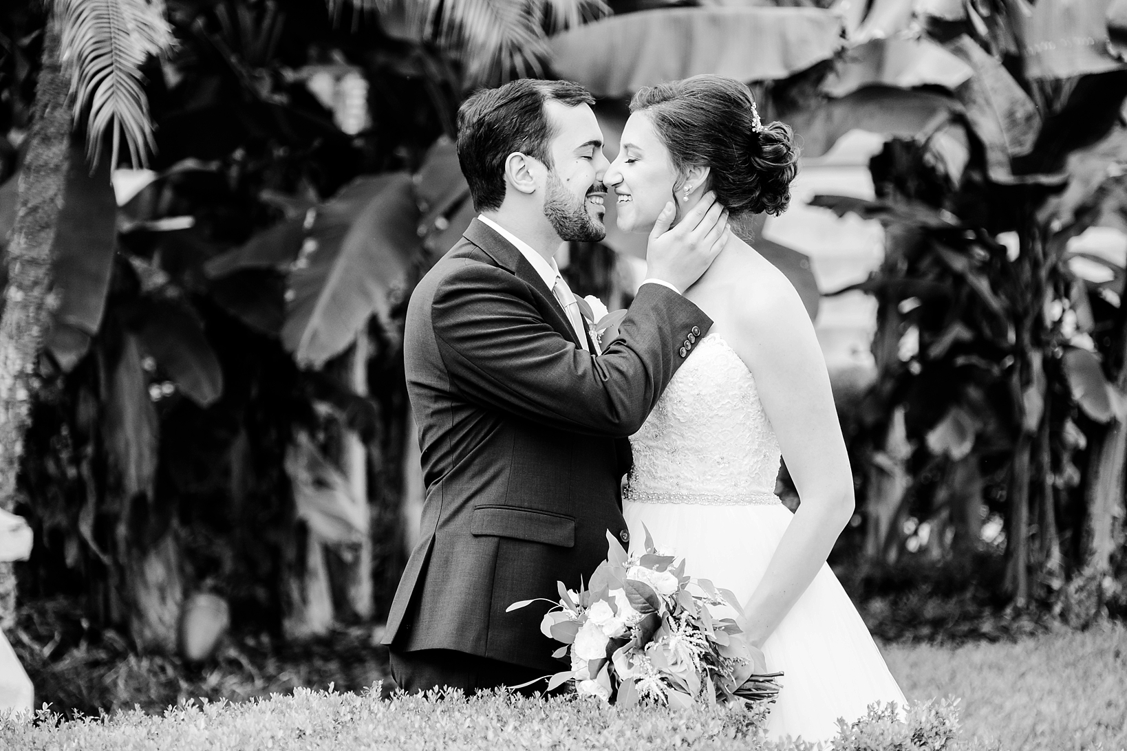 Black and white photo of the Bridal couple about to kiss in Tampa, FL