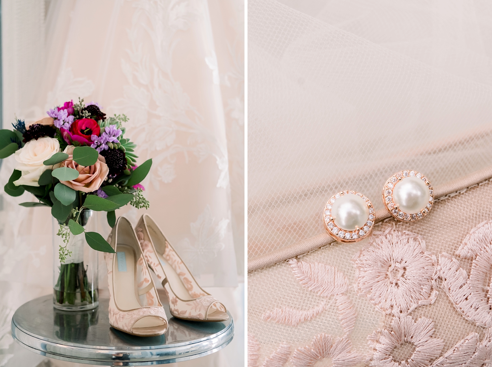 The Bride's shoes and her Floral Bouquet with a close up of the pearl earrings