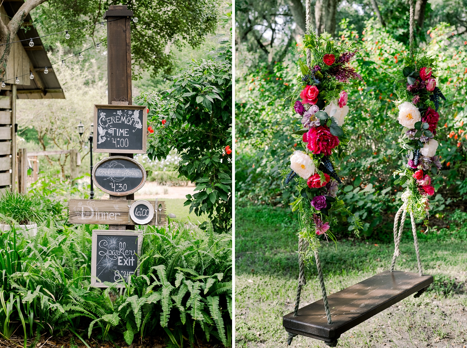 Wedding decor around the cross creek wedding venue including a floral tree swing and chalkboard signs