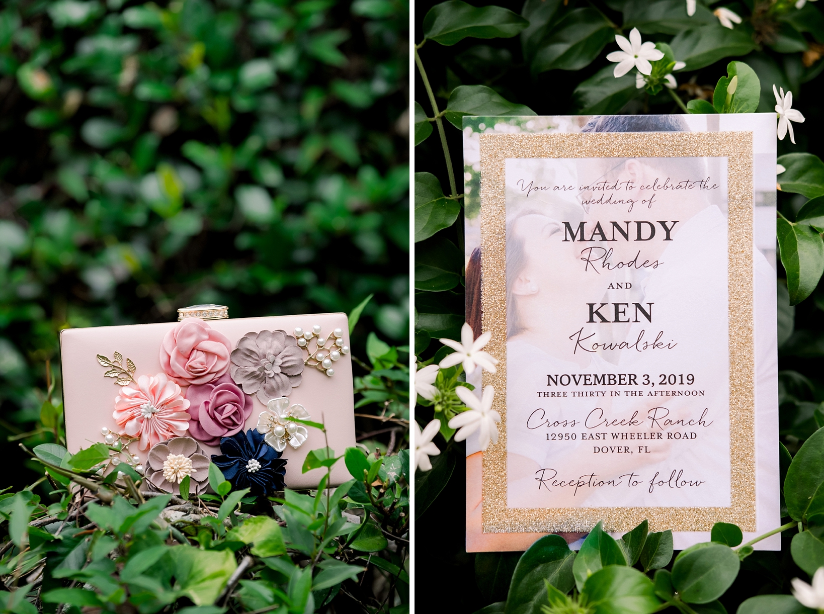 Bride's floral purse and wedding invitation against the trees on the cross creek ranch property
