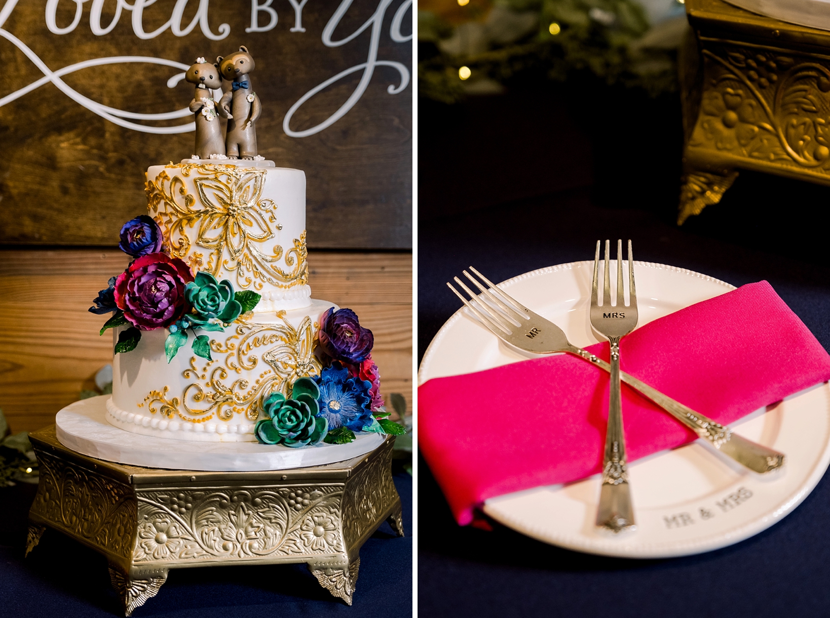 Wedding cake details include florals and two sugar otters as cake toppers and the cake forks on a plate