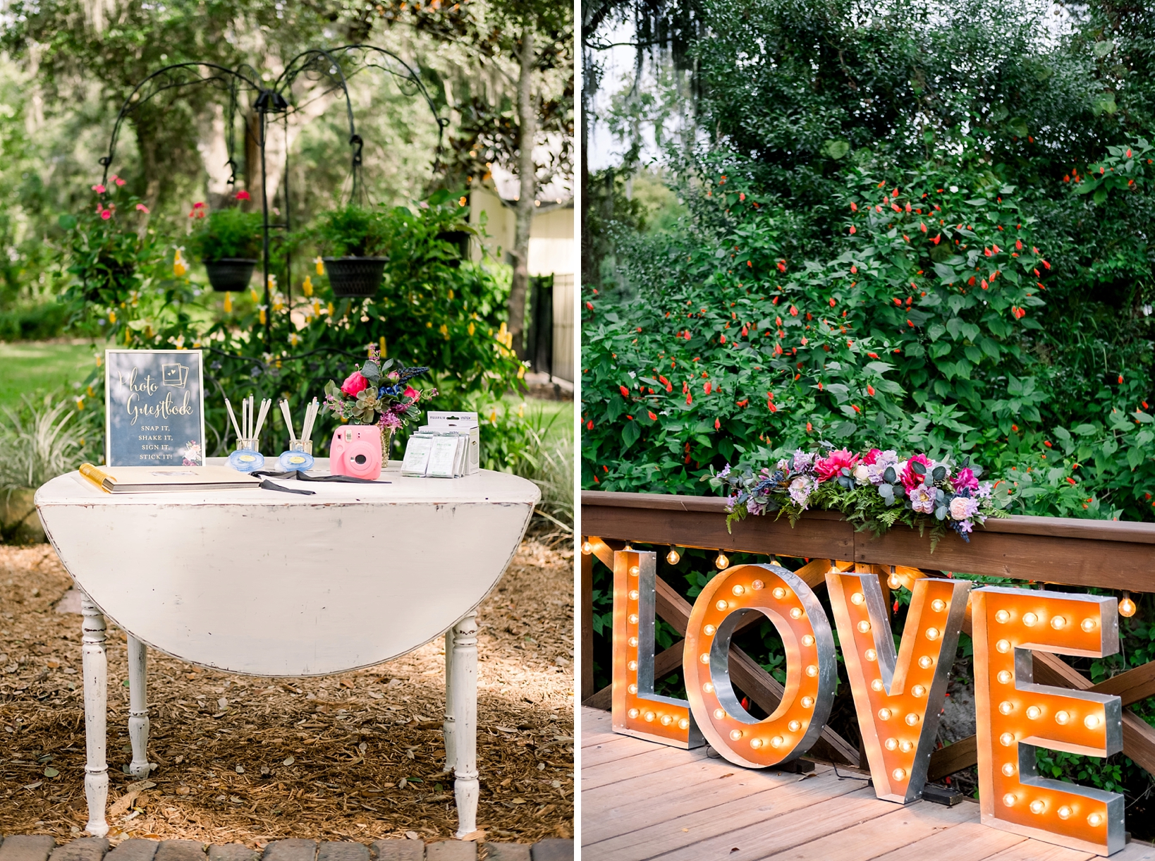 Reception details such as a guest sign in book and a Love sign with lights