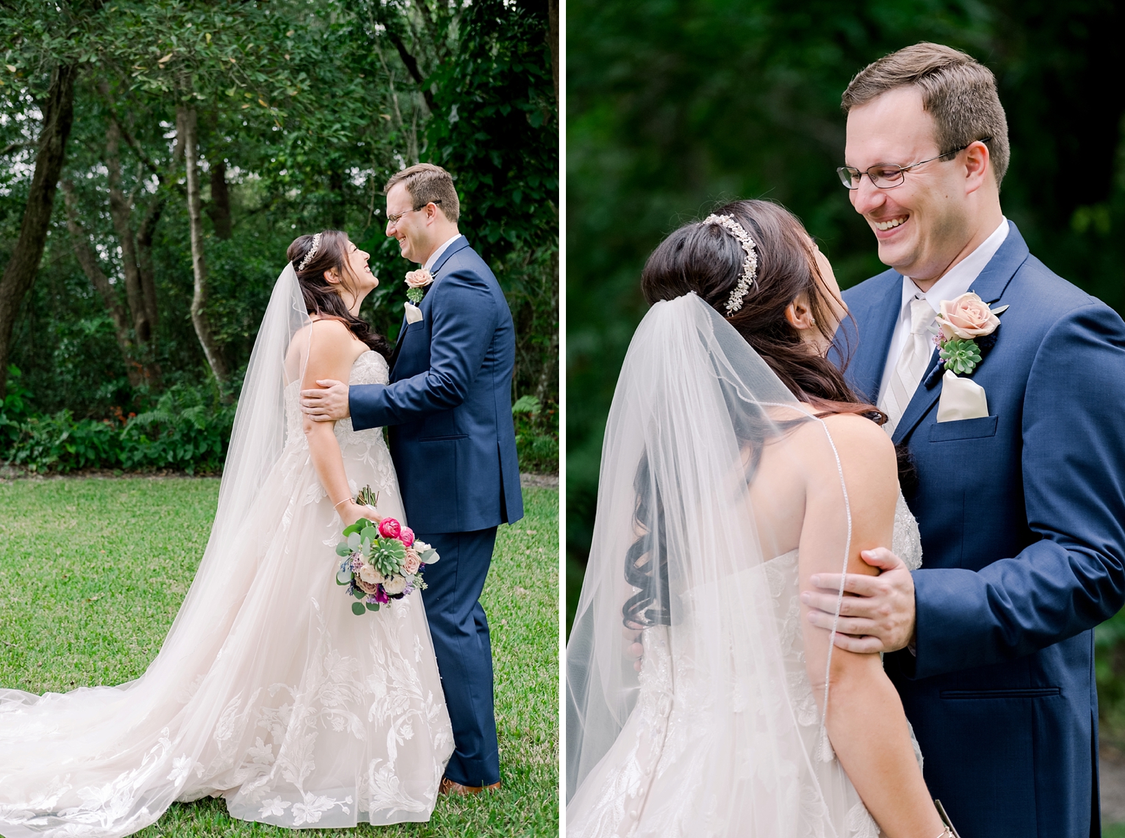 Bride and Groom share a smile and laughter during their first look in rural Tampa, FL