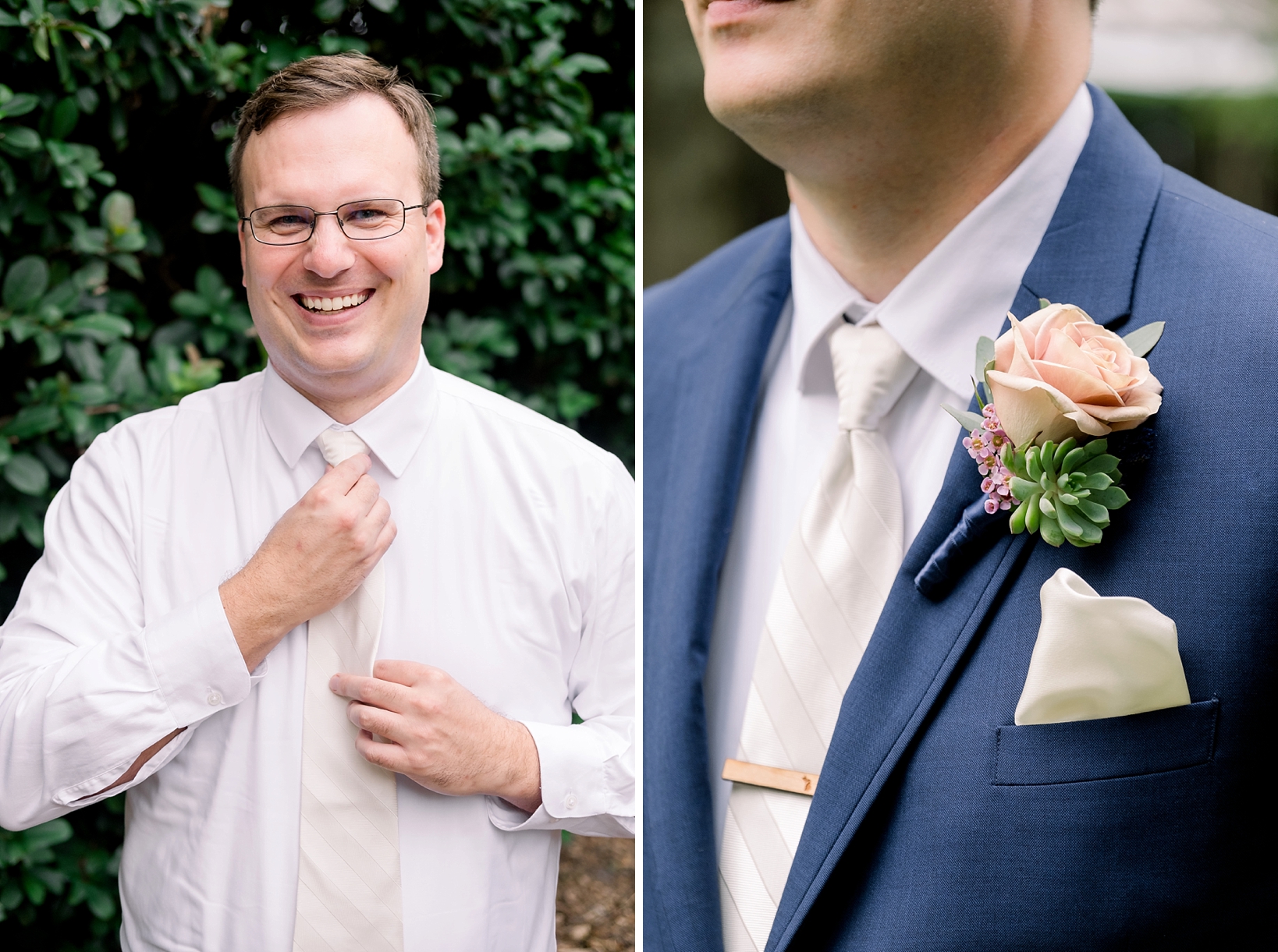 A Groom gets ready for his cross creek wedding by adjusting his necktie