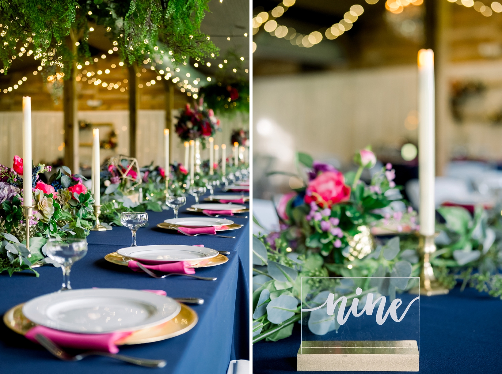The glass etched table numbers and the candle lined feasting tables inside the Barn