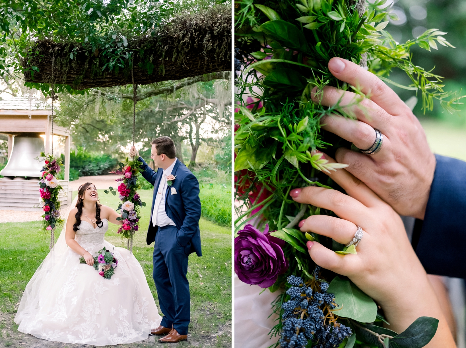 Bride and Groom's hands with wedding rings hold the rope of a swing
