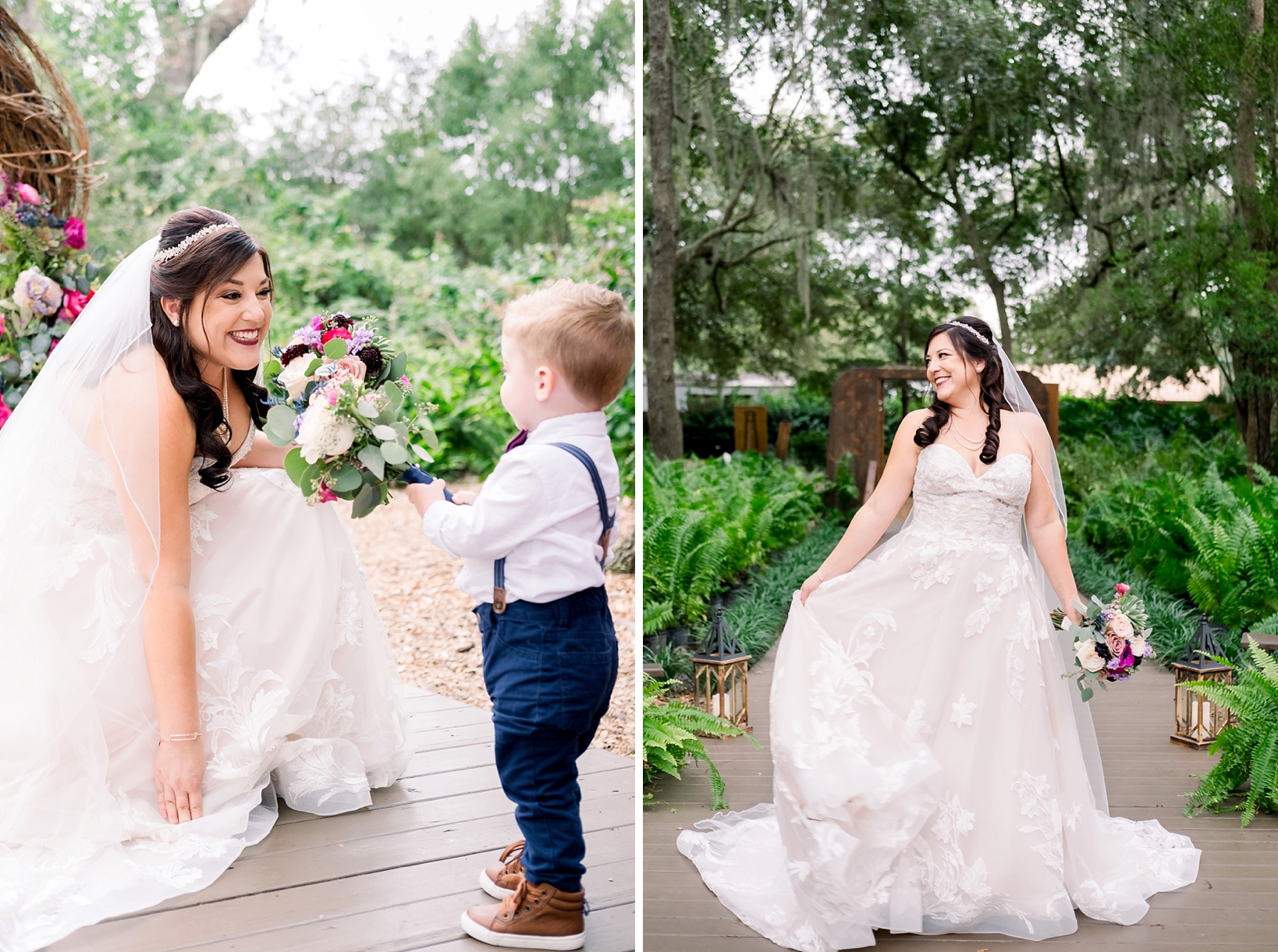 Bride smiles at her ring bearer and walks down the wooden aisle of her wedding ceremony