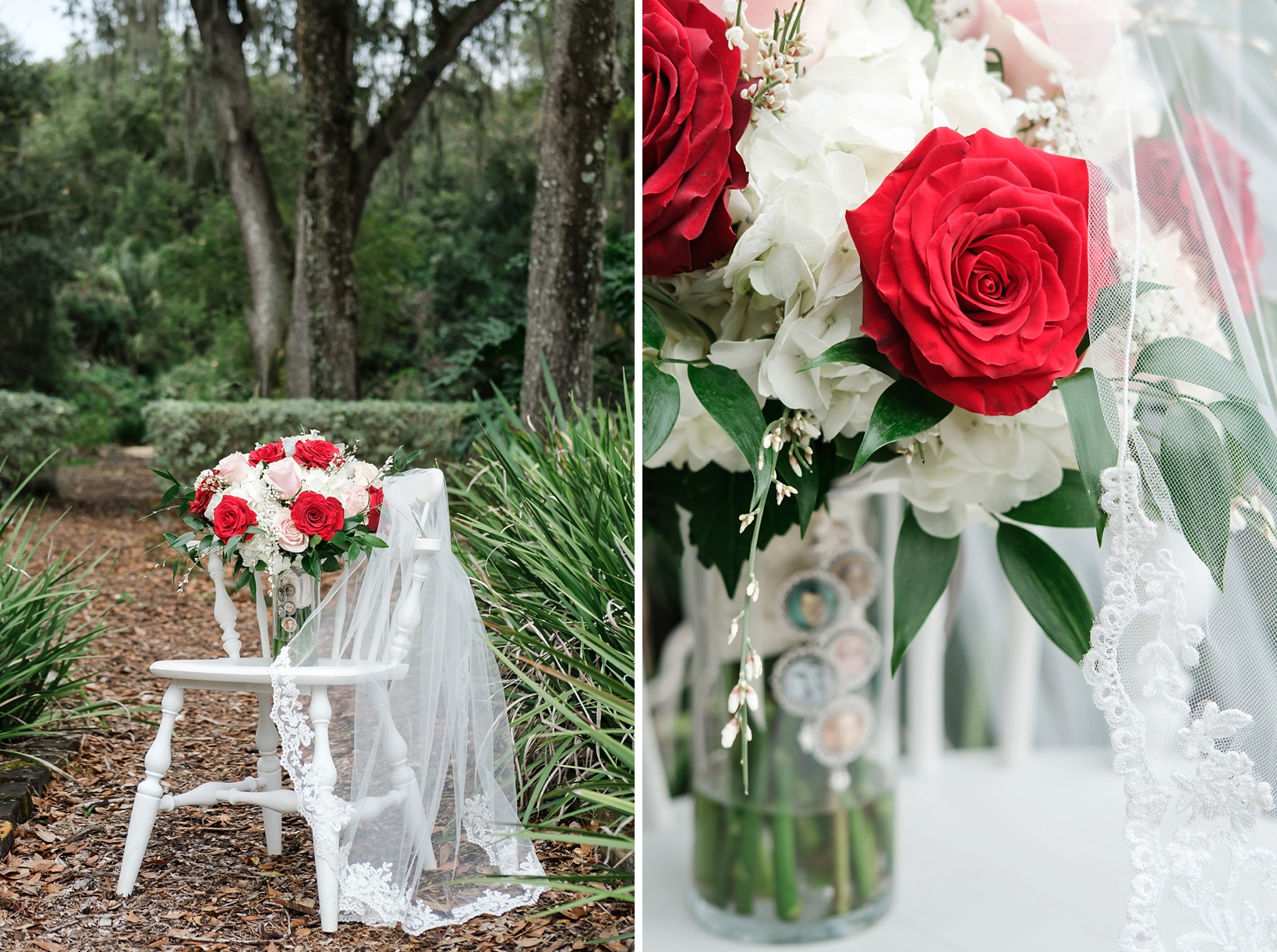 The Bridal floral bouquet on a vintage white chair in the gardens of Cross Creek Ranch