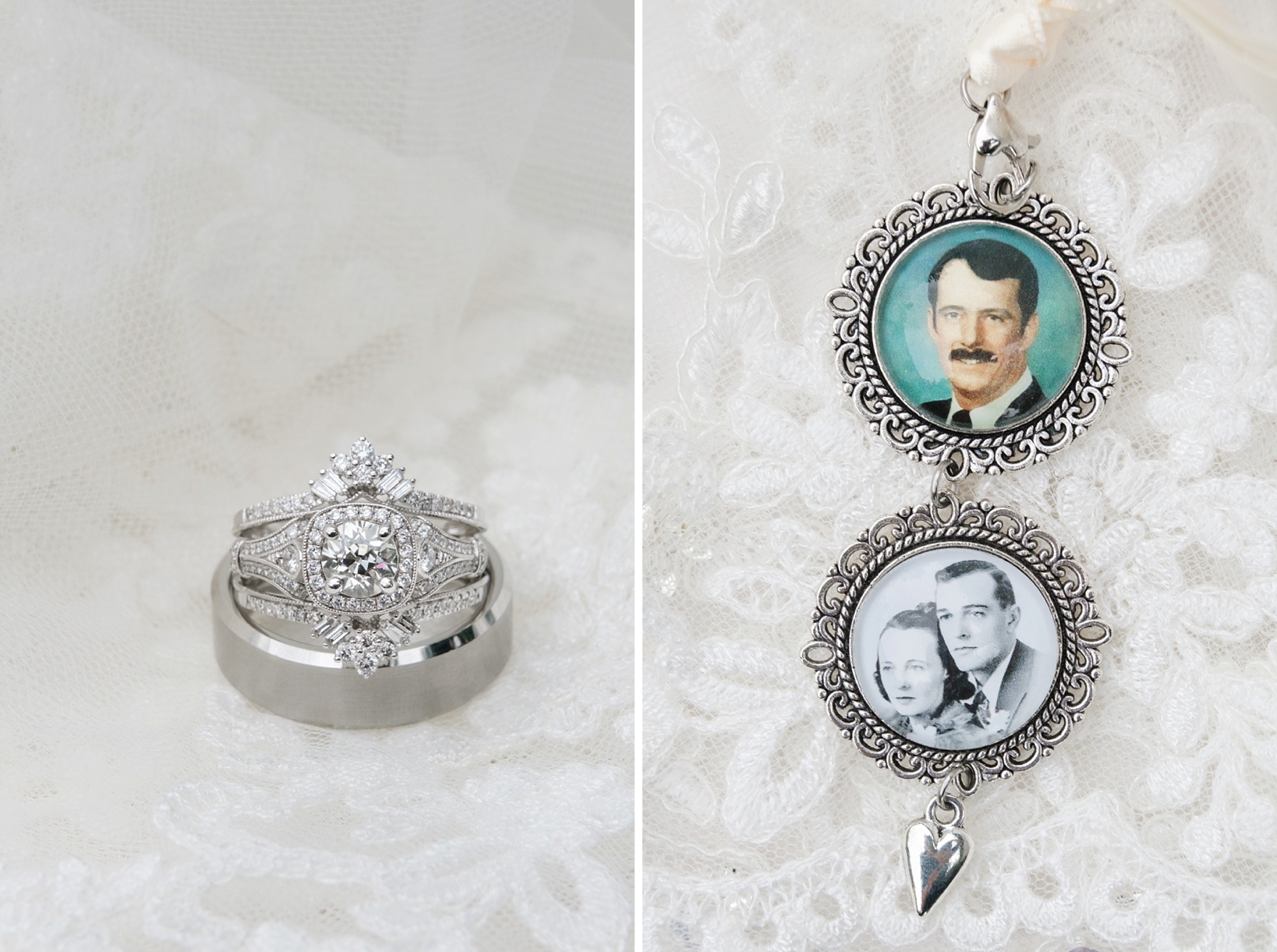 Wedding bands and family locket Bridal details against the white lace of her wedding dress