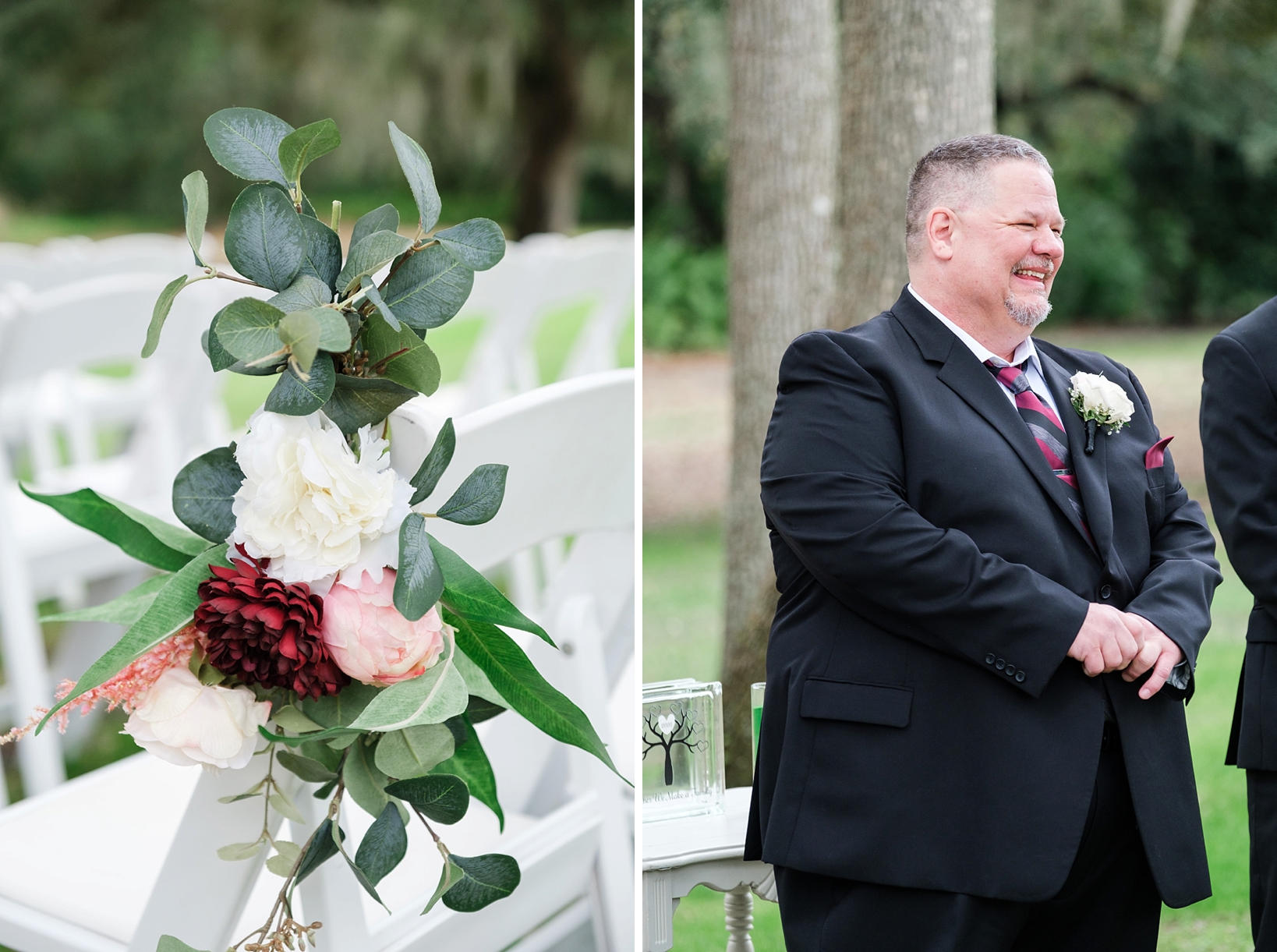 Floral detail during the ceremony and the Groom smiling as he sees his Bride for the first time