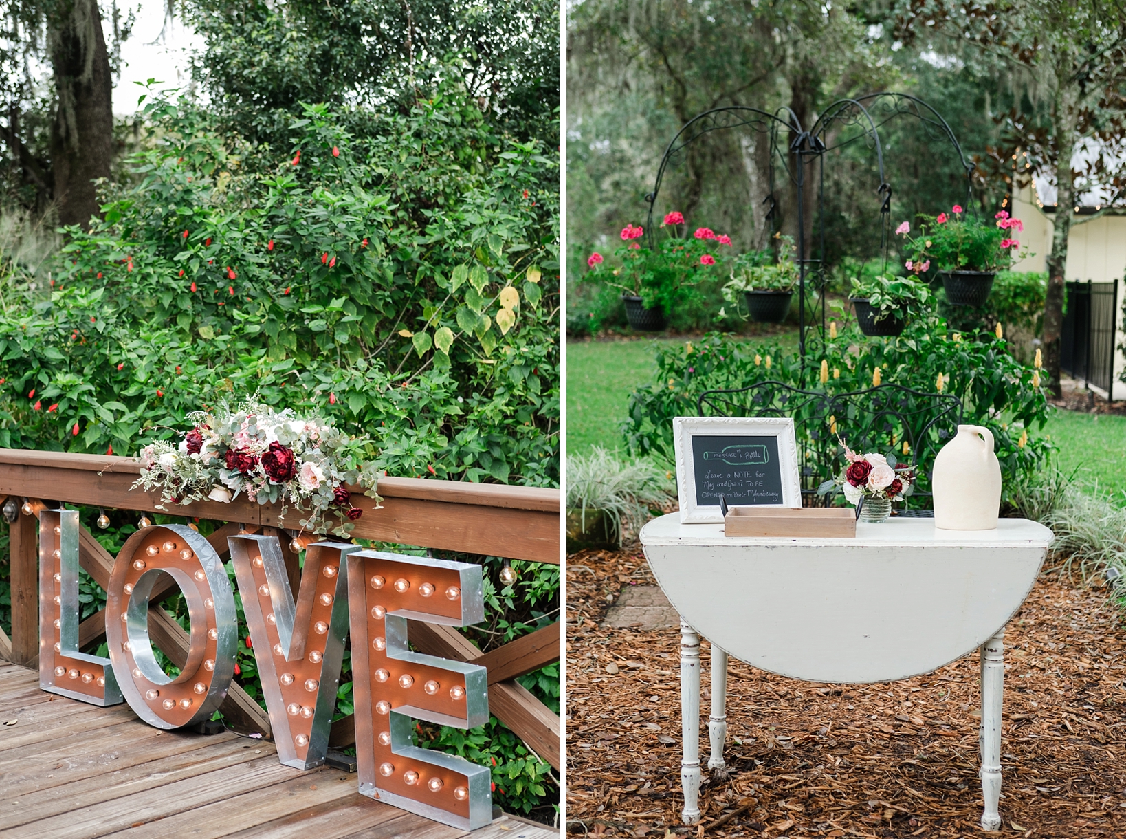Reception decor such as a light up "Love" sign covered in florals