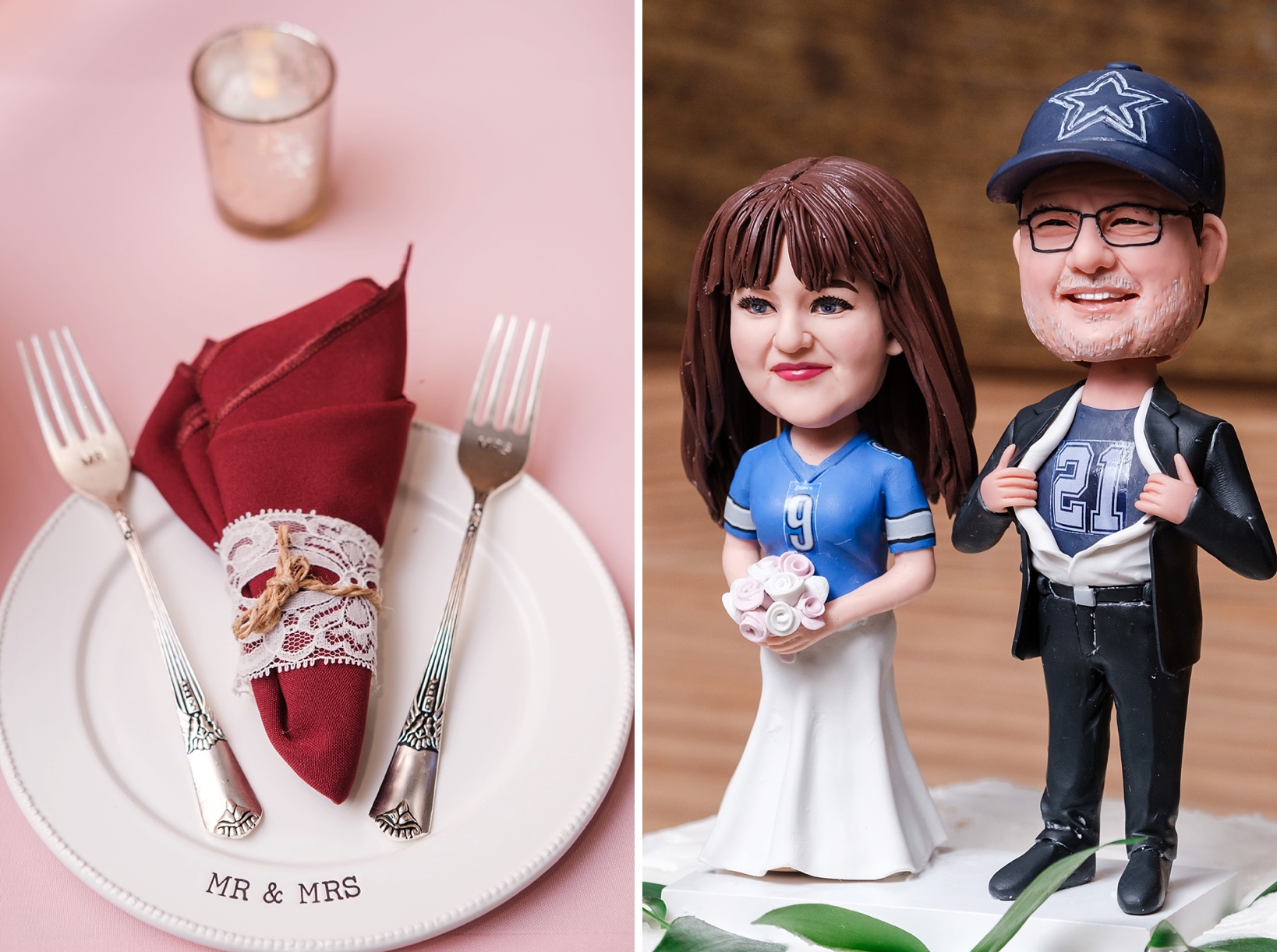 Wedding cake serving dish and forks as well as close up of the custom made bobble head cake toppers