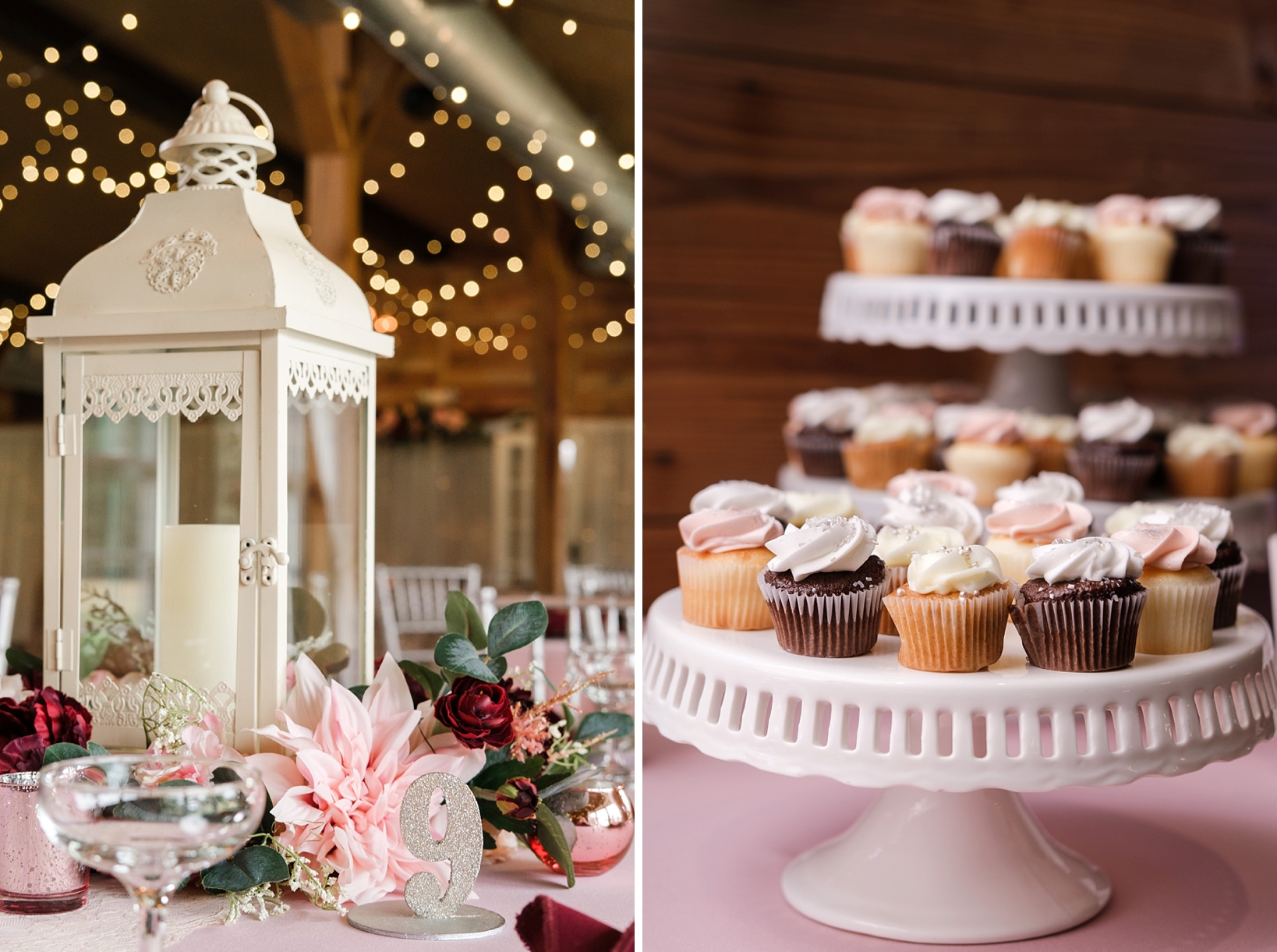 Small cupcakes sit on a stand and the string lights fill the ceiling in the barn