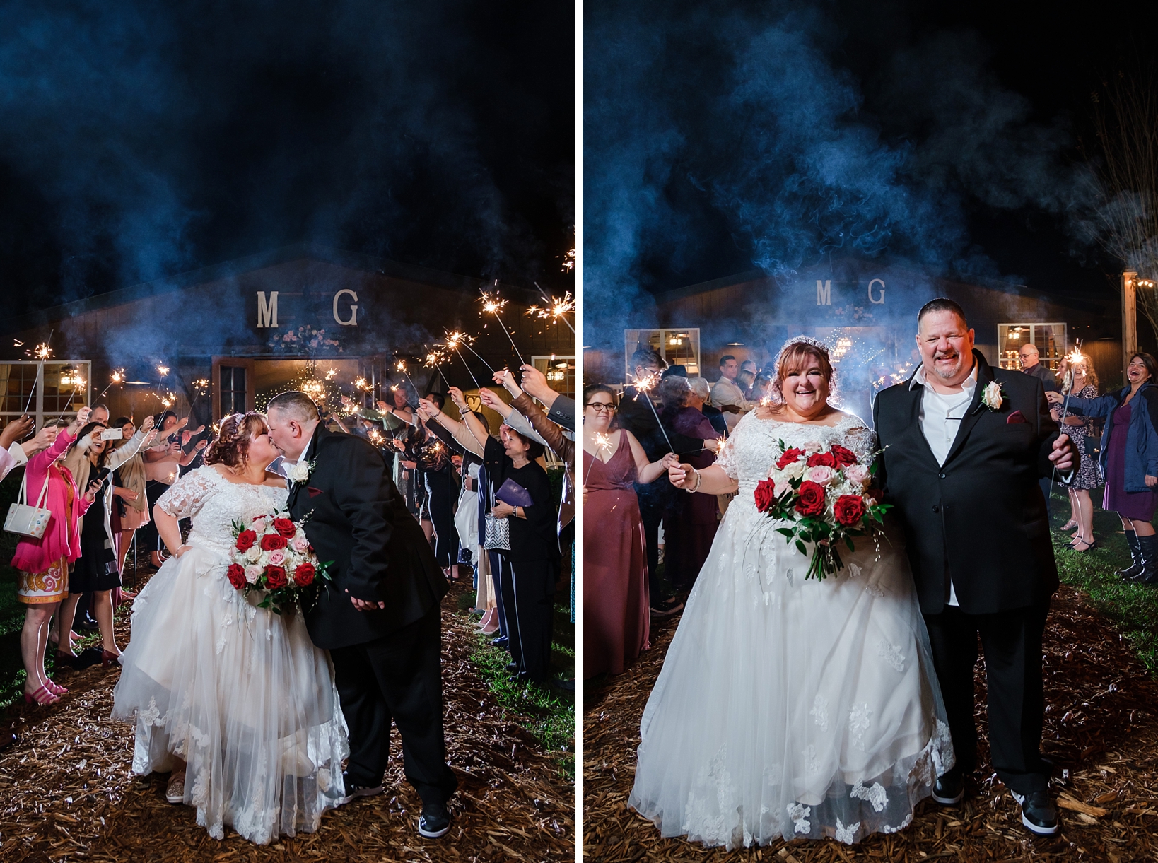 Bride and Groom kiss under the sparklers held high during the exit from their cross creek wedding celebration