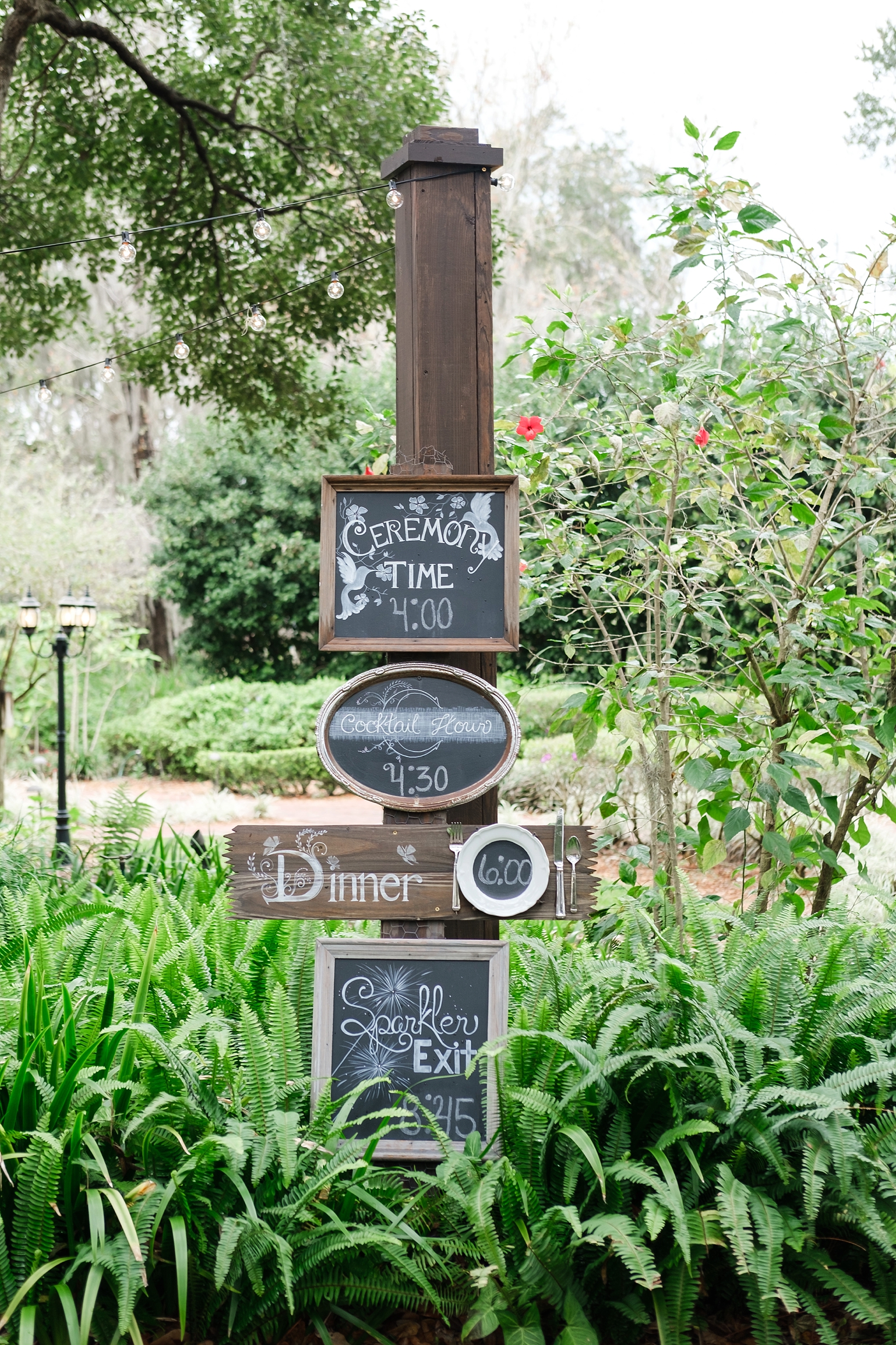Chalkboard signs for the wedding guests to see what times events happen during this beautiful cross creek wedding celebration