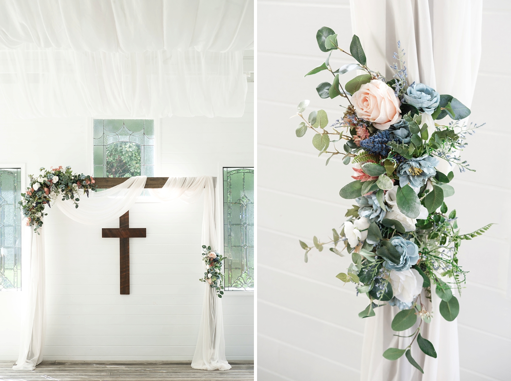 Wedding ceremony details including a large wooden arch and cross as well as large floral decor