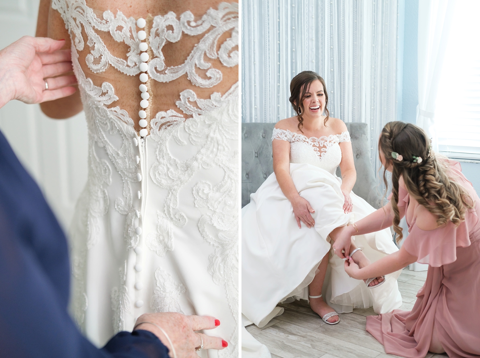 Detail shot f the lacework on the bride's dress and an image of her bridesmaid helping her into her shoes