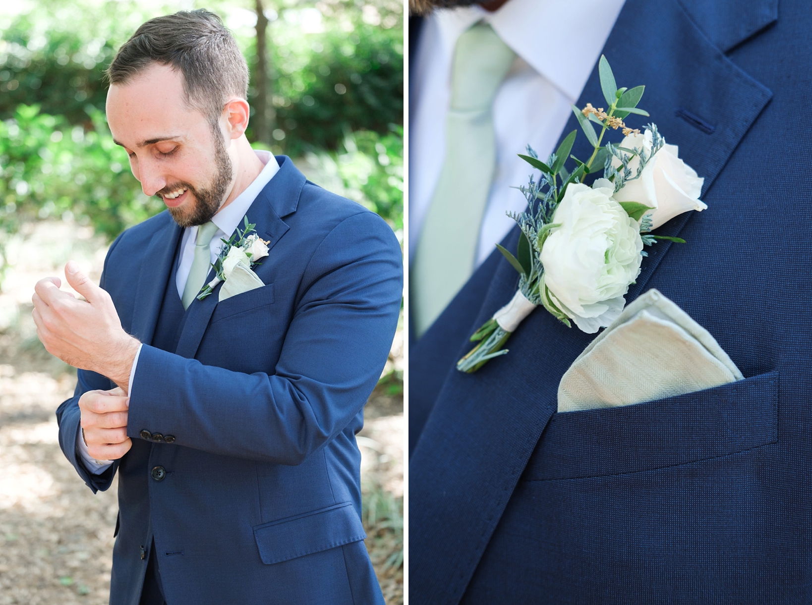 The Groom putting the finishing touches on his blue suit and a picture of the white flower boutonniere 