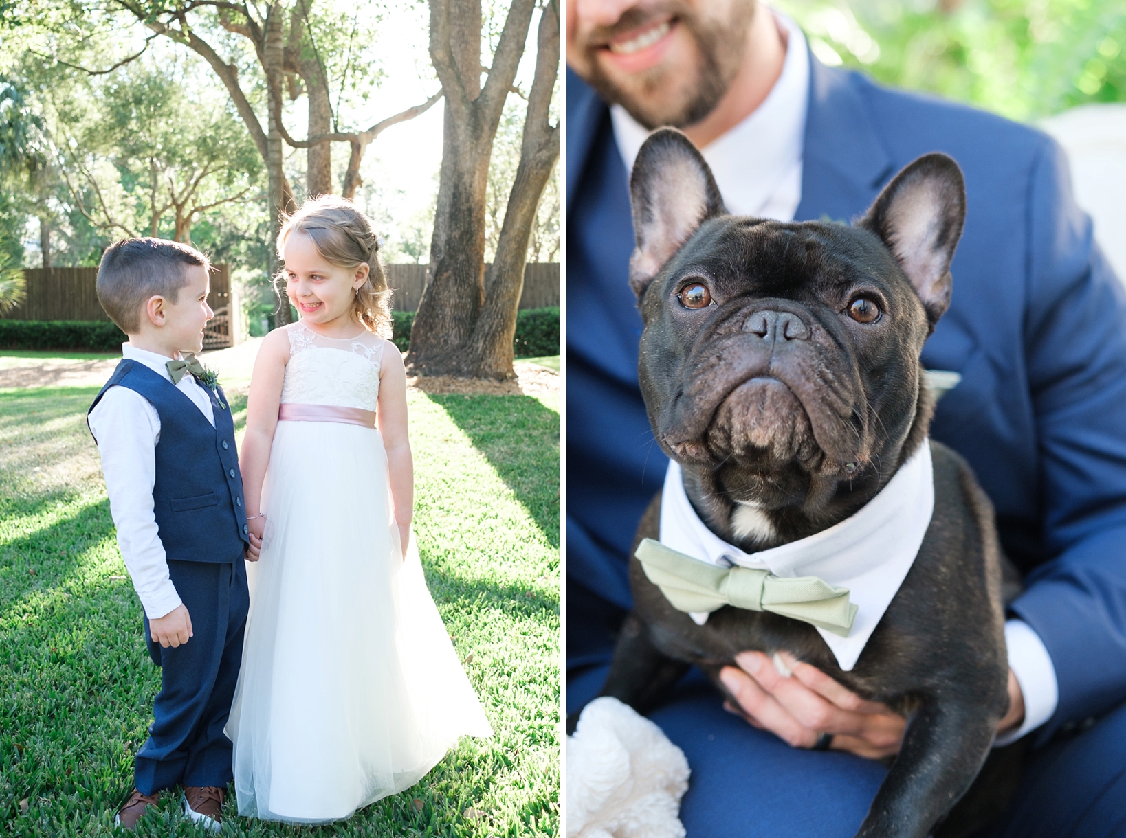 The Flower girl and the ring bearer smile at each other and a french bulldog looks into the camera while wearing a necktie