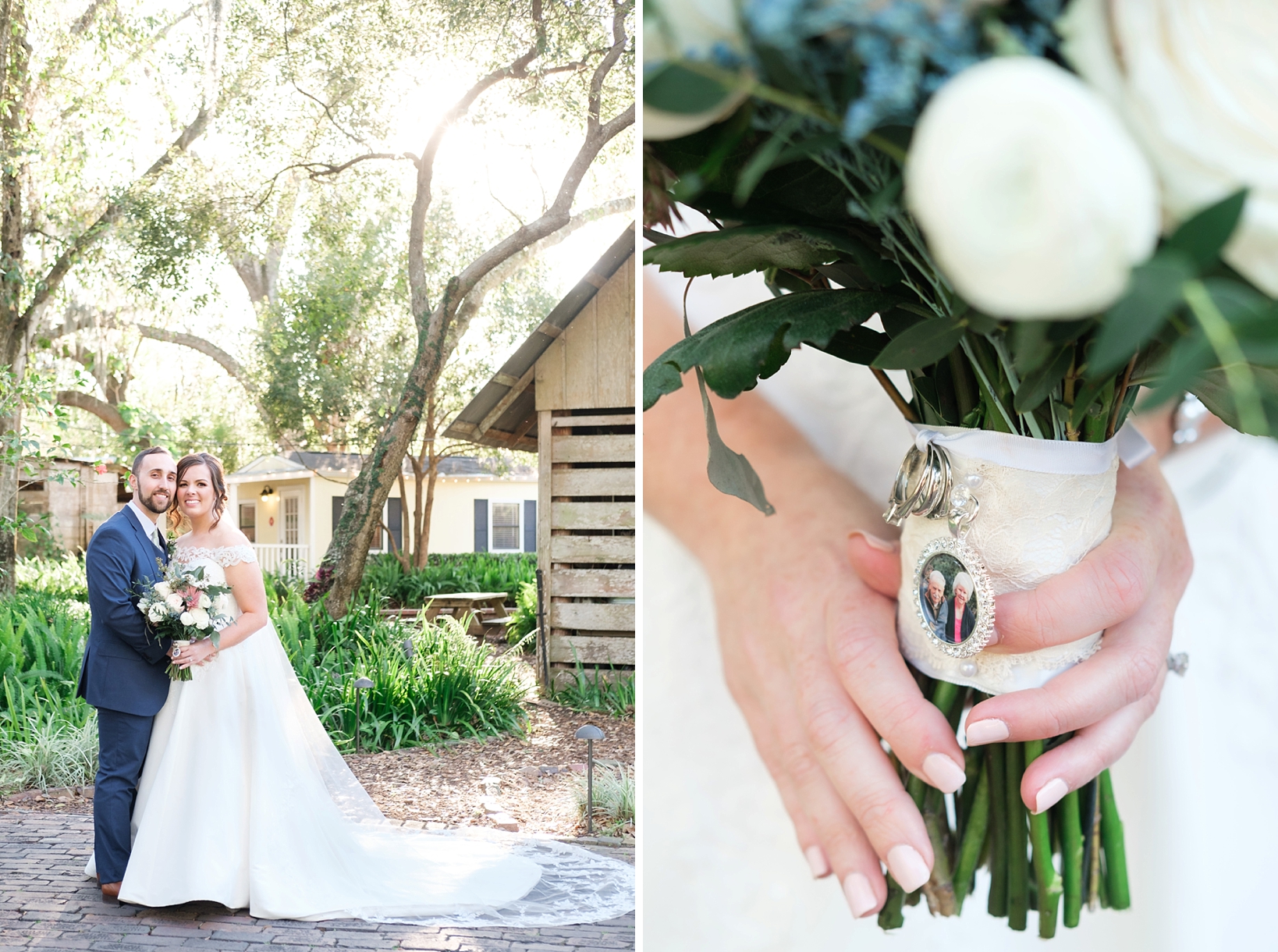 The Bride and Groom pose for a formal photo and a close up of the Brides bouquet with locket