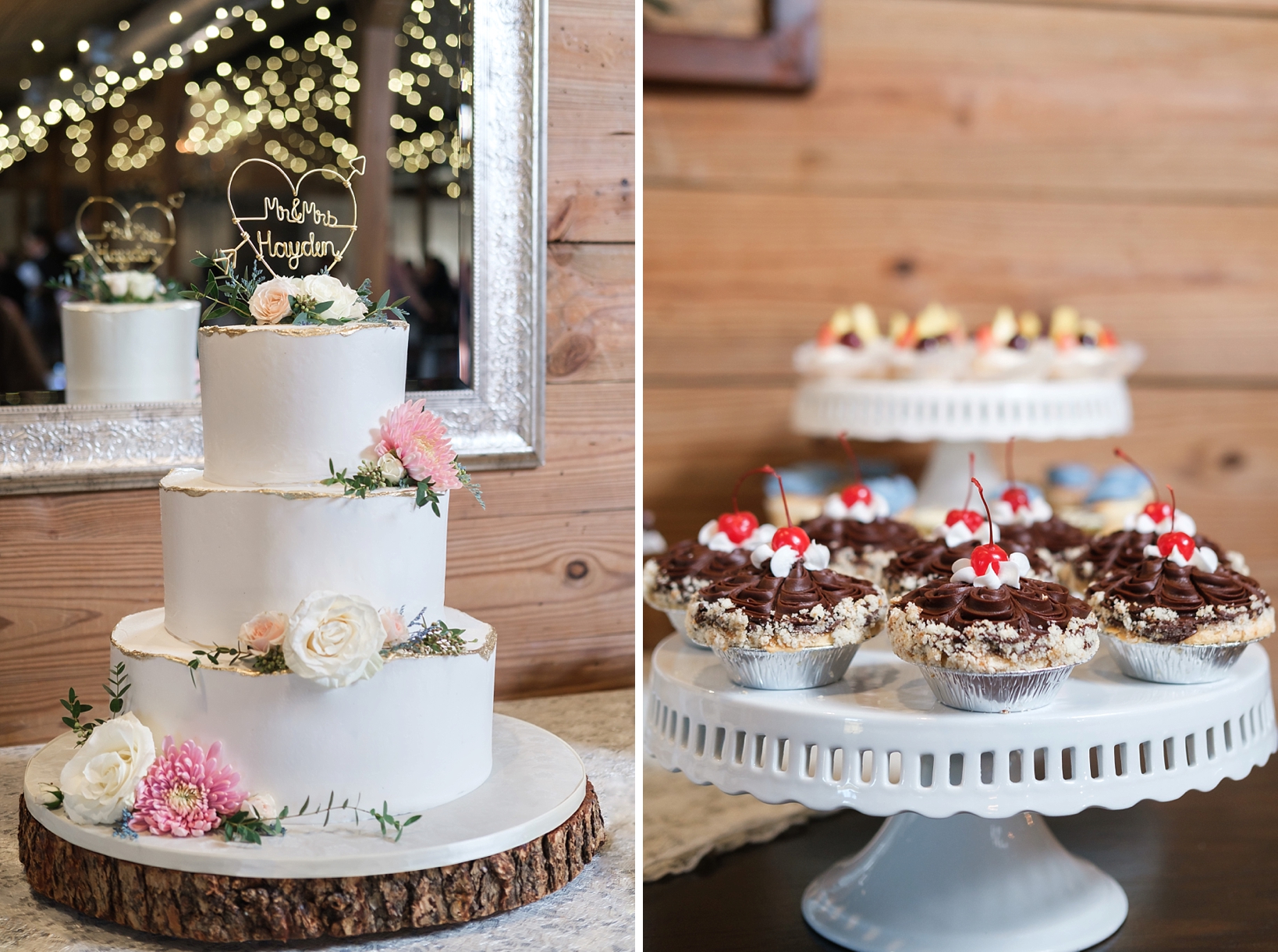 The wedding cake and small desserts inside the barn at Cross Creek Ranch