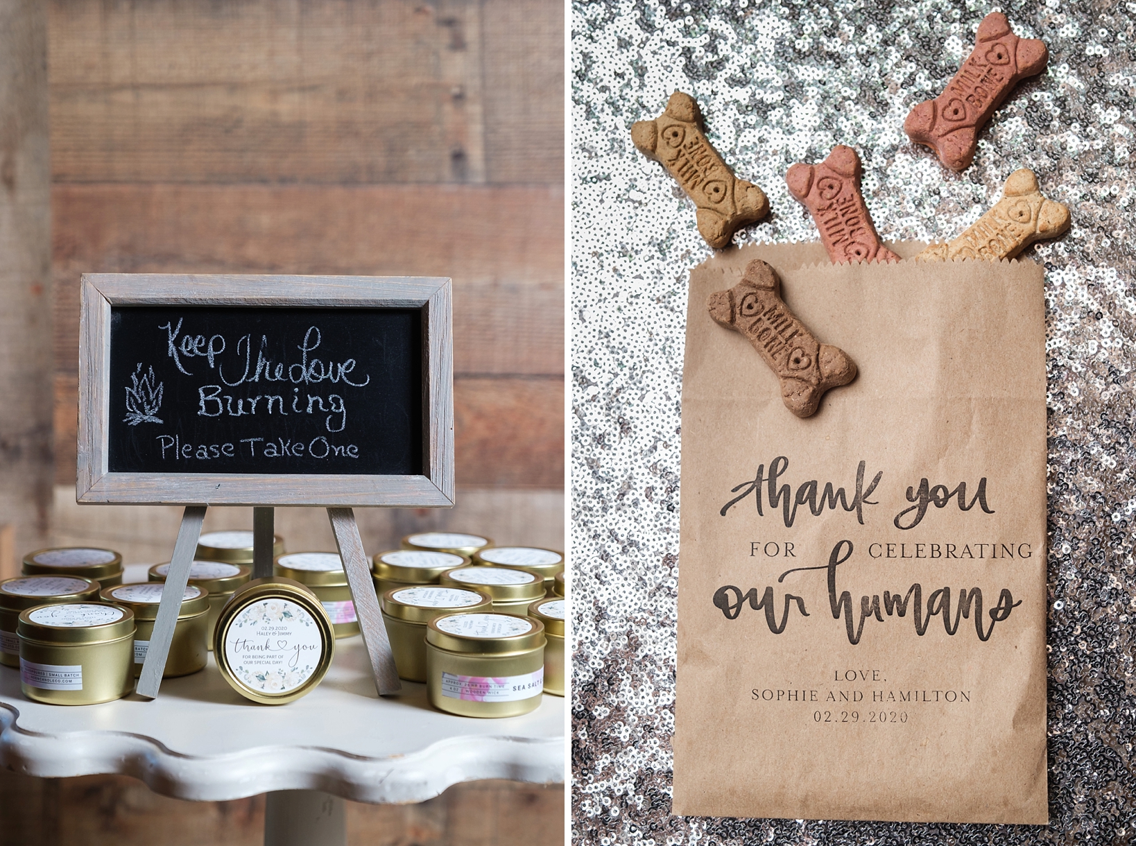 Wedding gifts of candles and dog treats set out during the reception