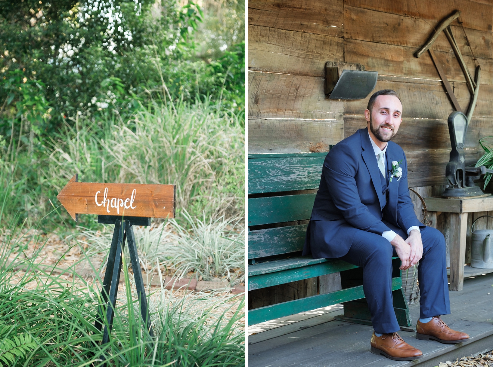 Solo portrait of the Groom sitting on a bench and a sign pointing guests to the chapel