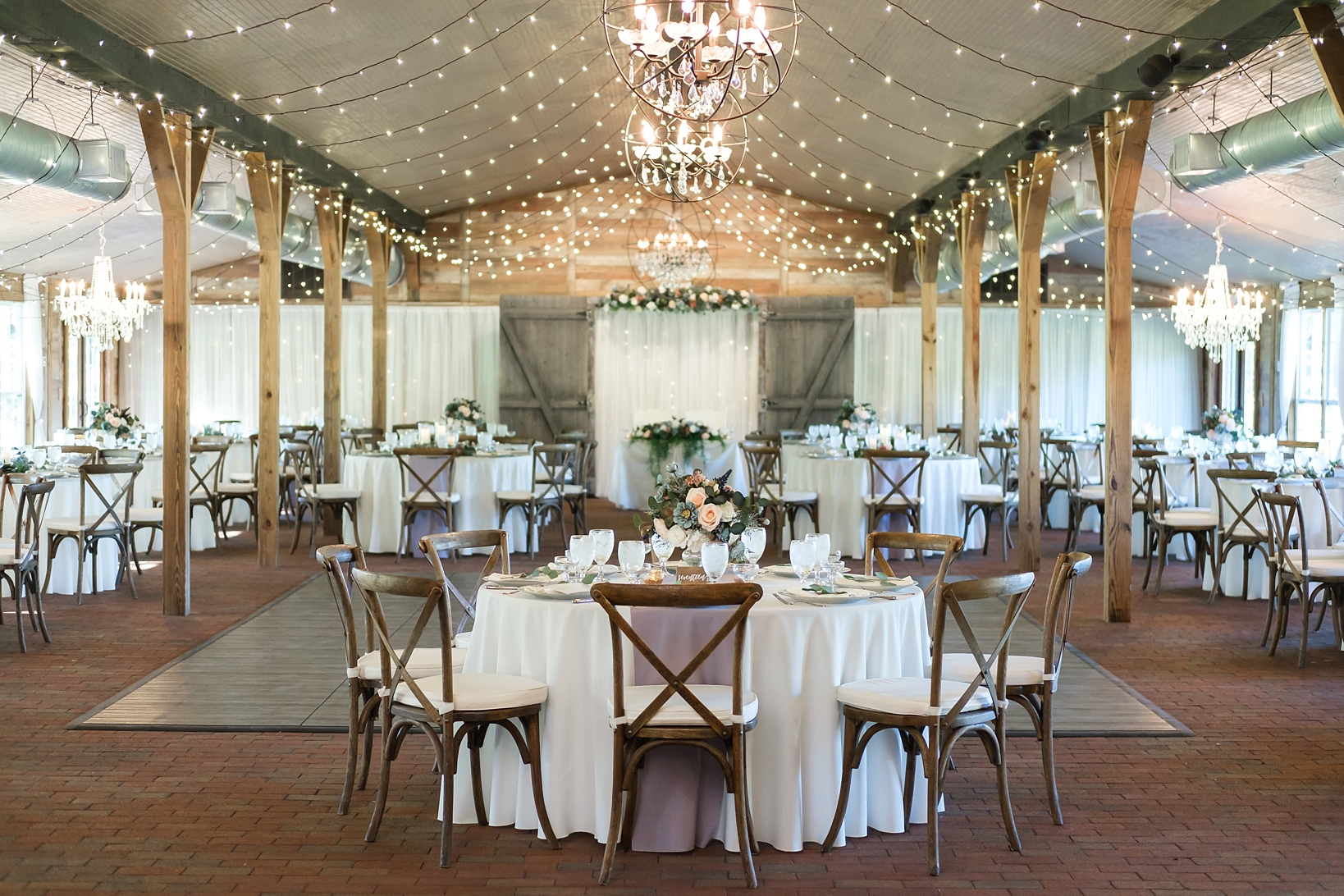 The reception venue at Cross Creek Ranch covered in string lights