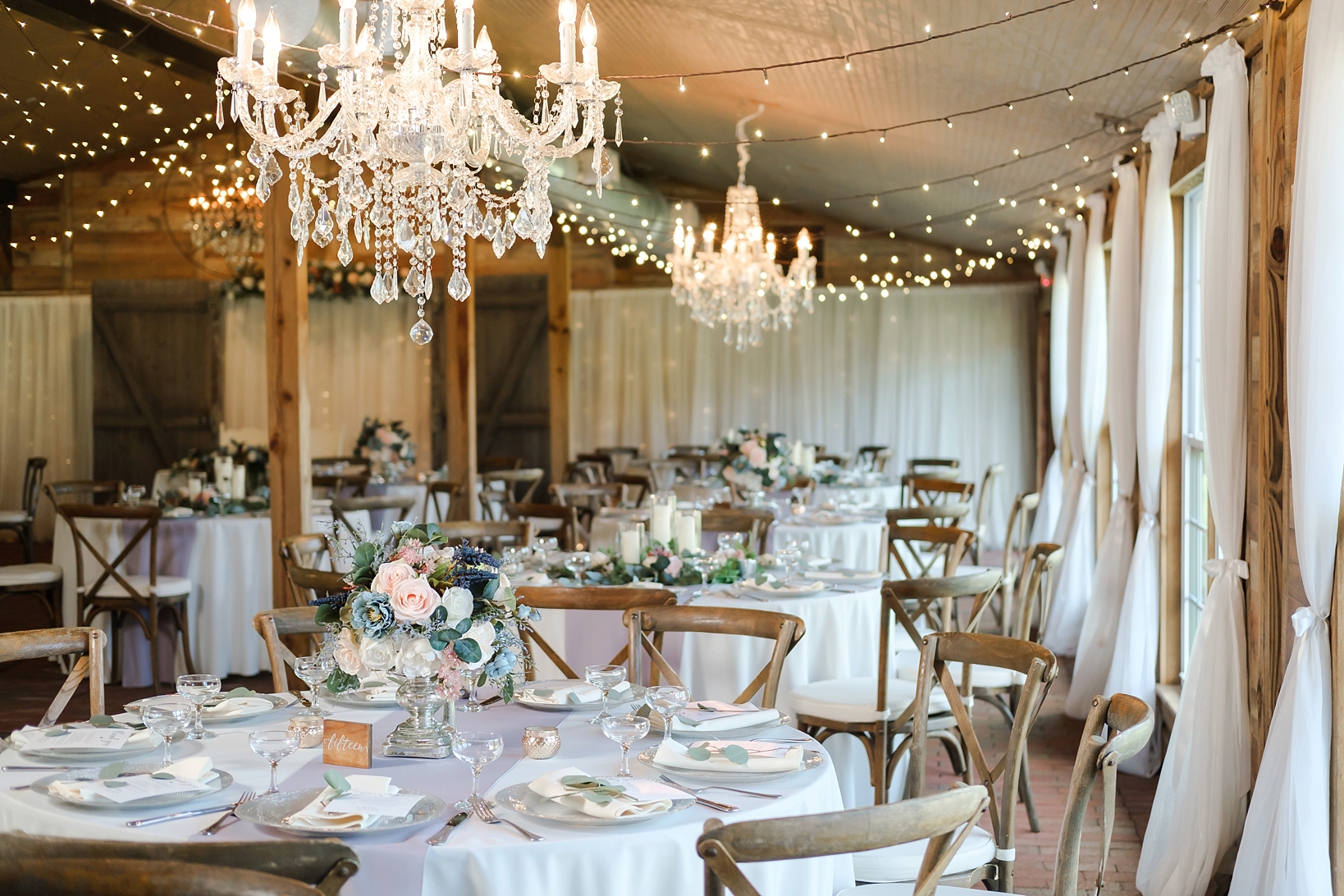 Cross Creek Ranch reception details including chandeliers and string lights