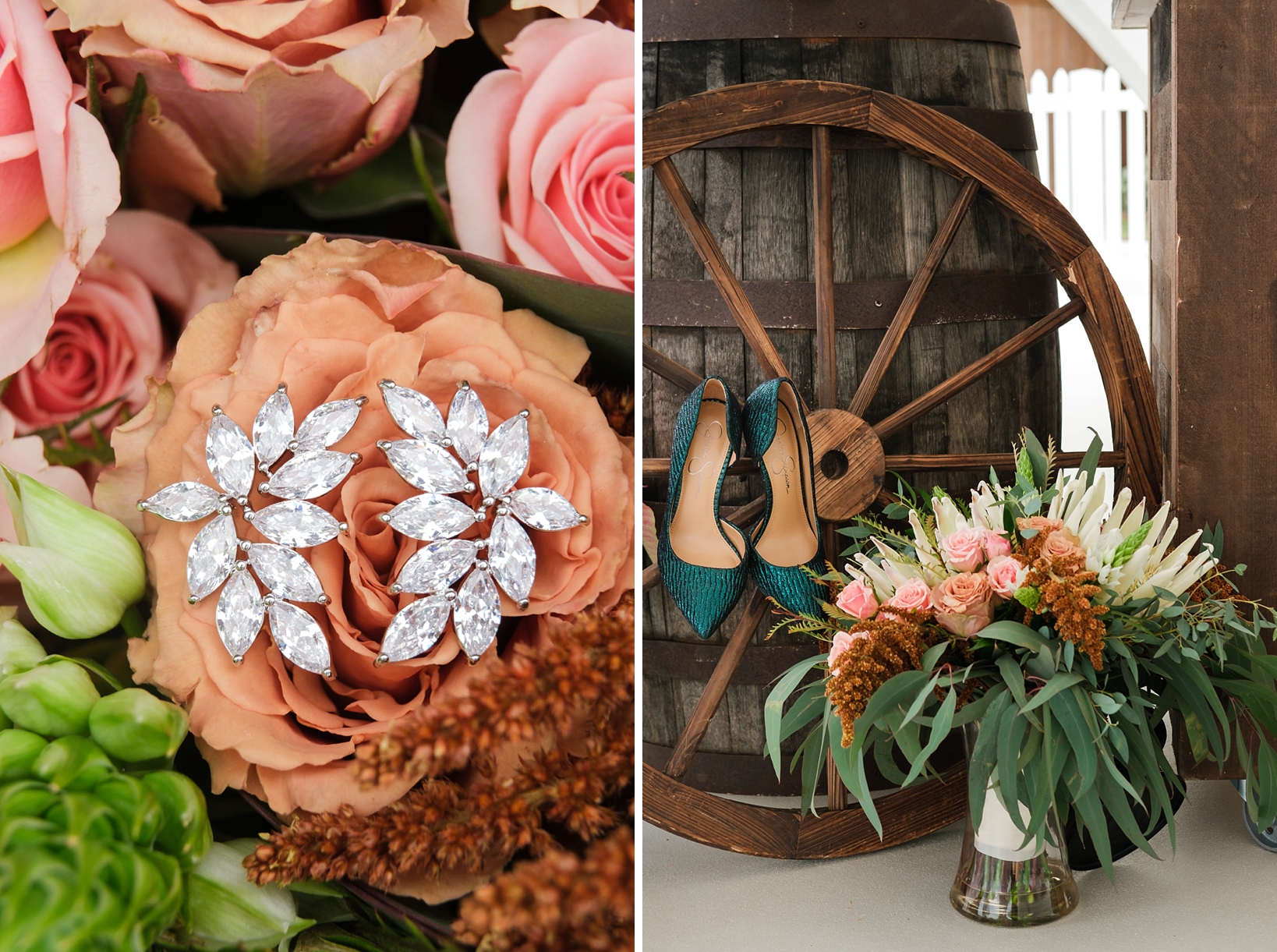 Bridal details including diamond earrings and her full floral bouquet