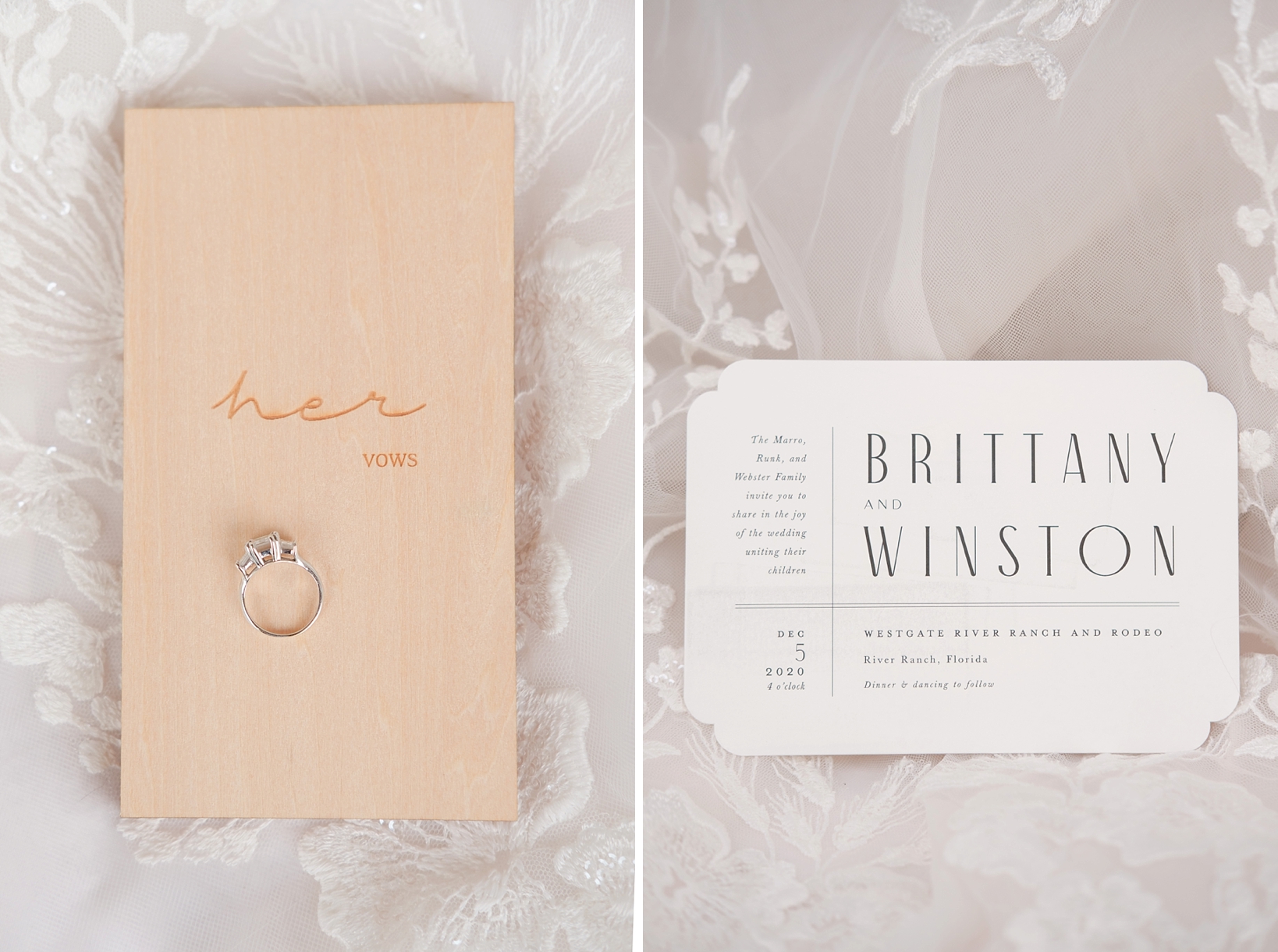 A wedding invitation to a Westgate River Ranch wedding and a bride's vow book with her engagement ring