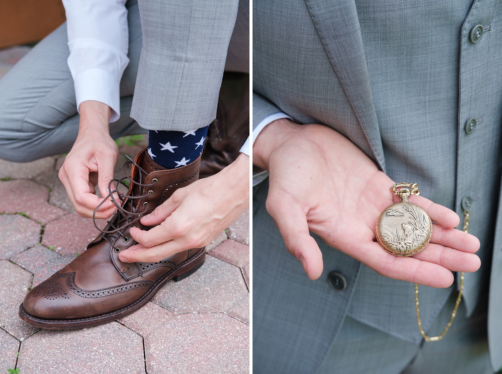 Grooms details such as his brown leather shoes and stopwatch from his grandfather
