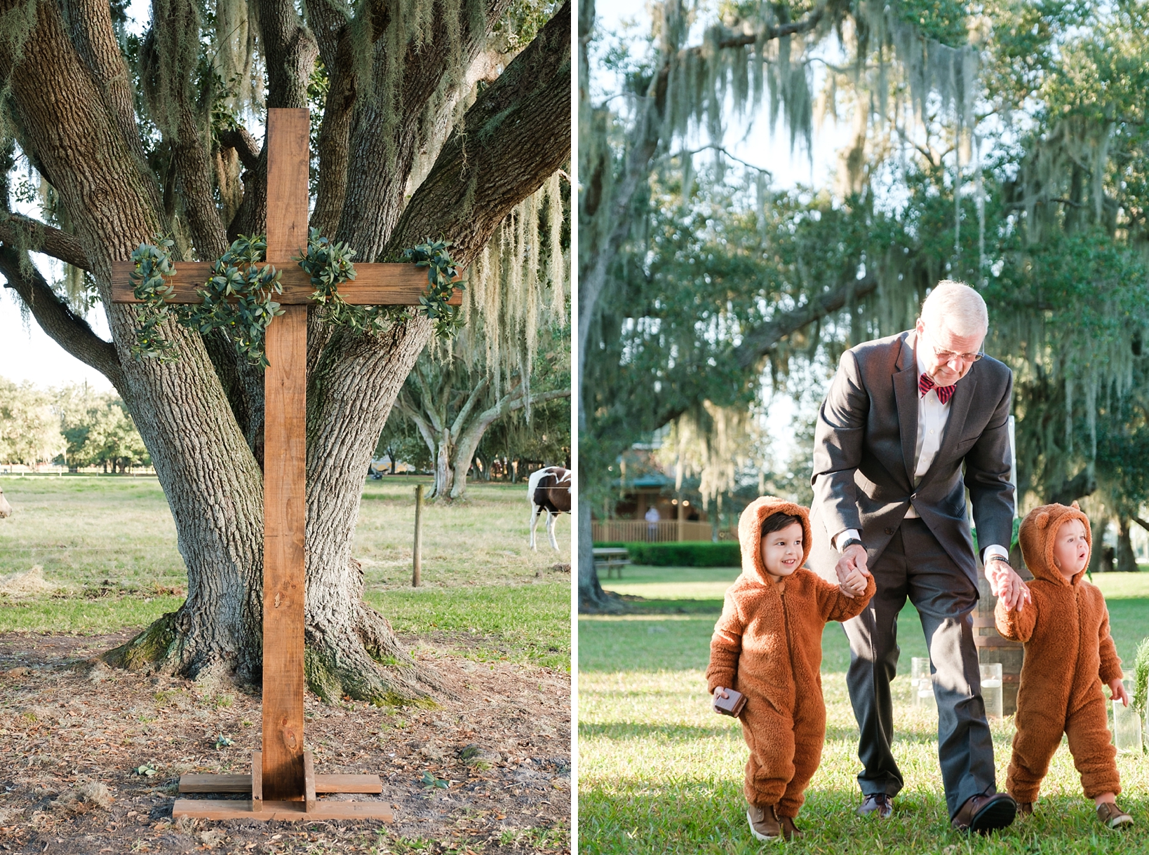 A large wooden cross handmade by the groom and two boys dressed as ring "Bear"-ers