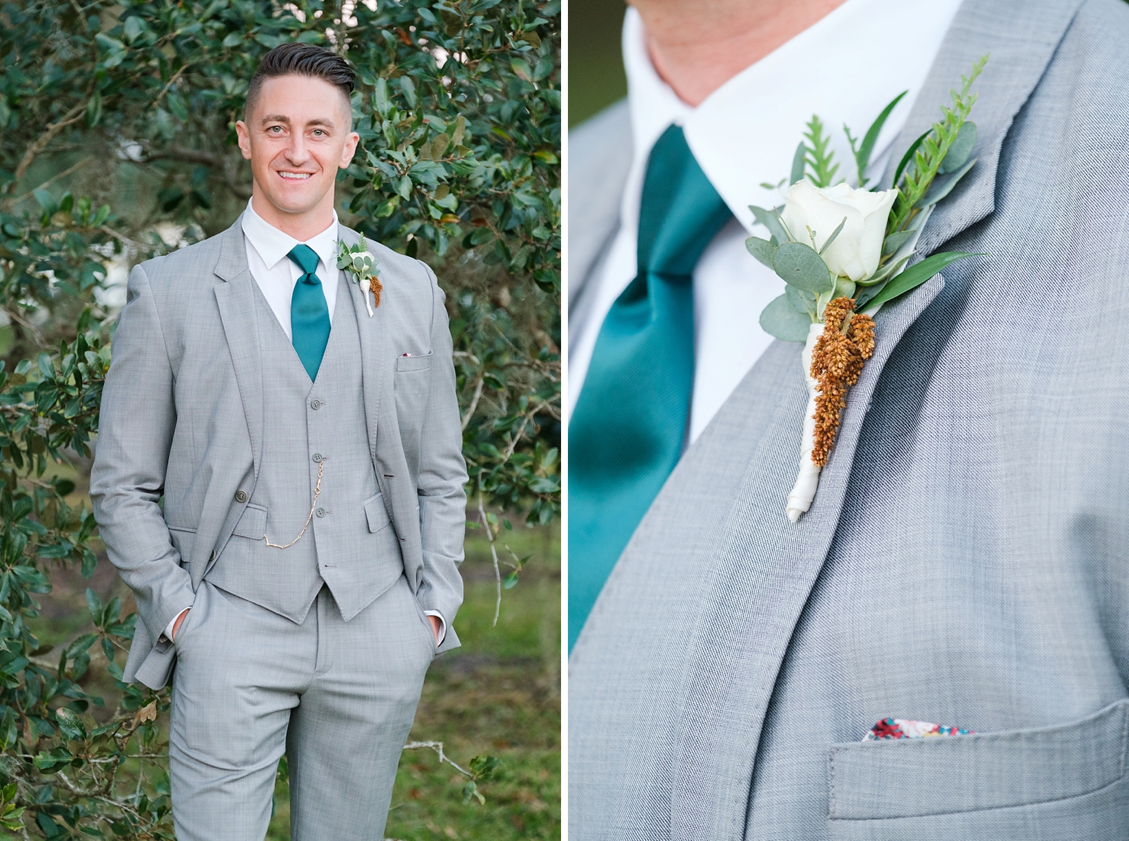 Groom portraits and detail of the boutonnière 