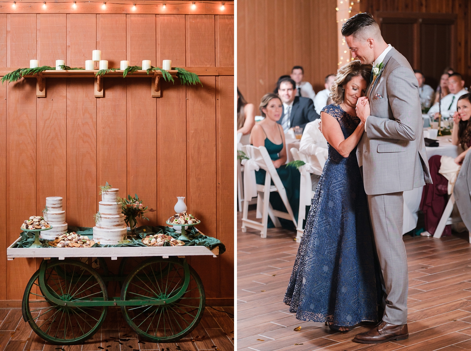 The wedding cake table on a wagon wheel and the Groom dancing with his Mother
